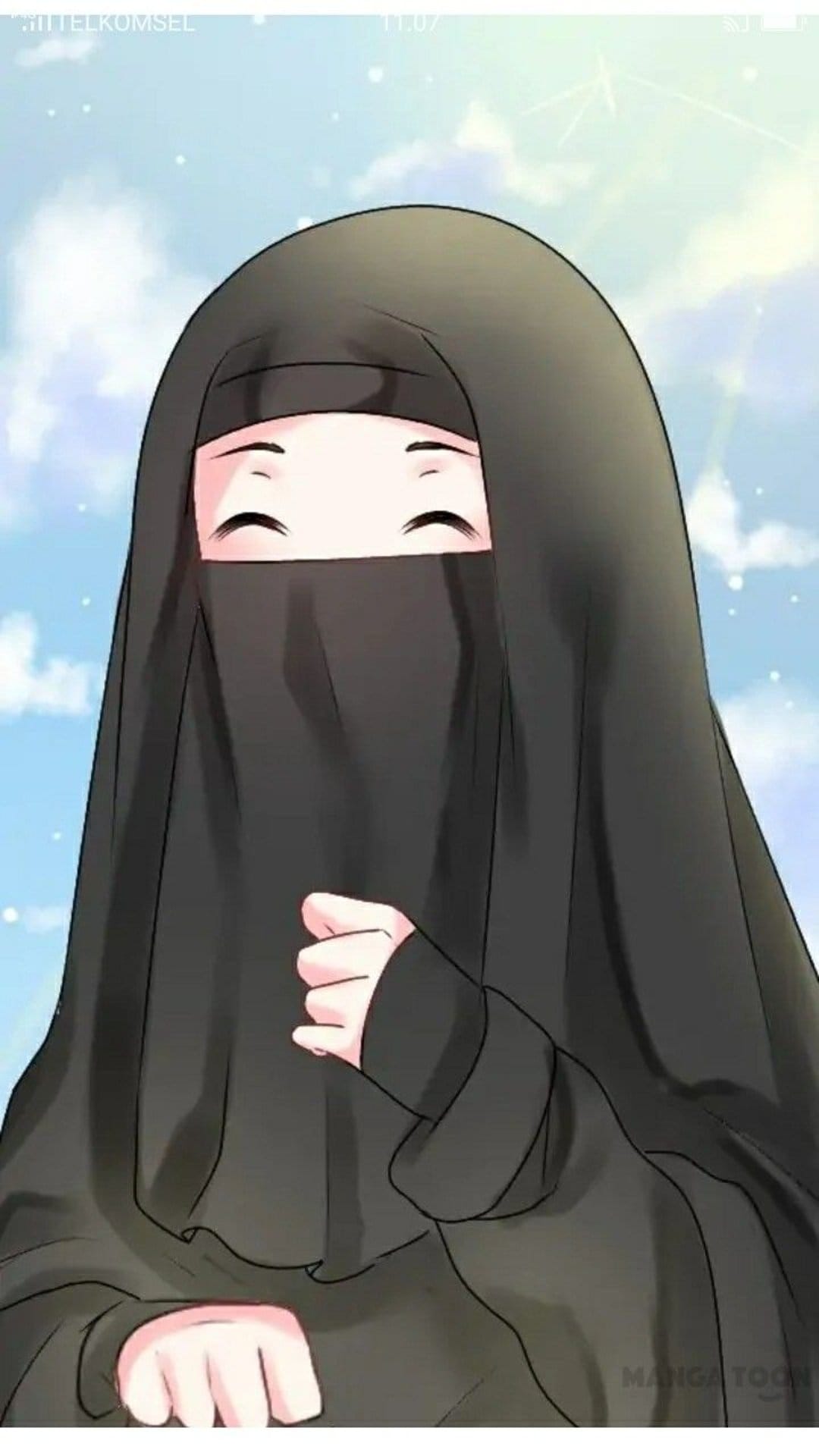 Young anime girl with smiling eyes wearing a black niqab under a bright blue sky with soft white puffy clouds.