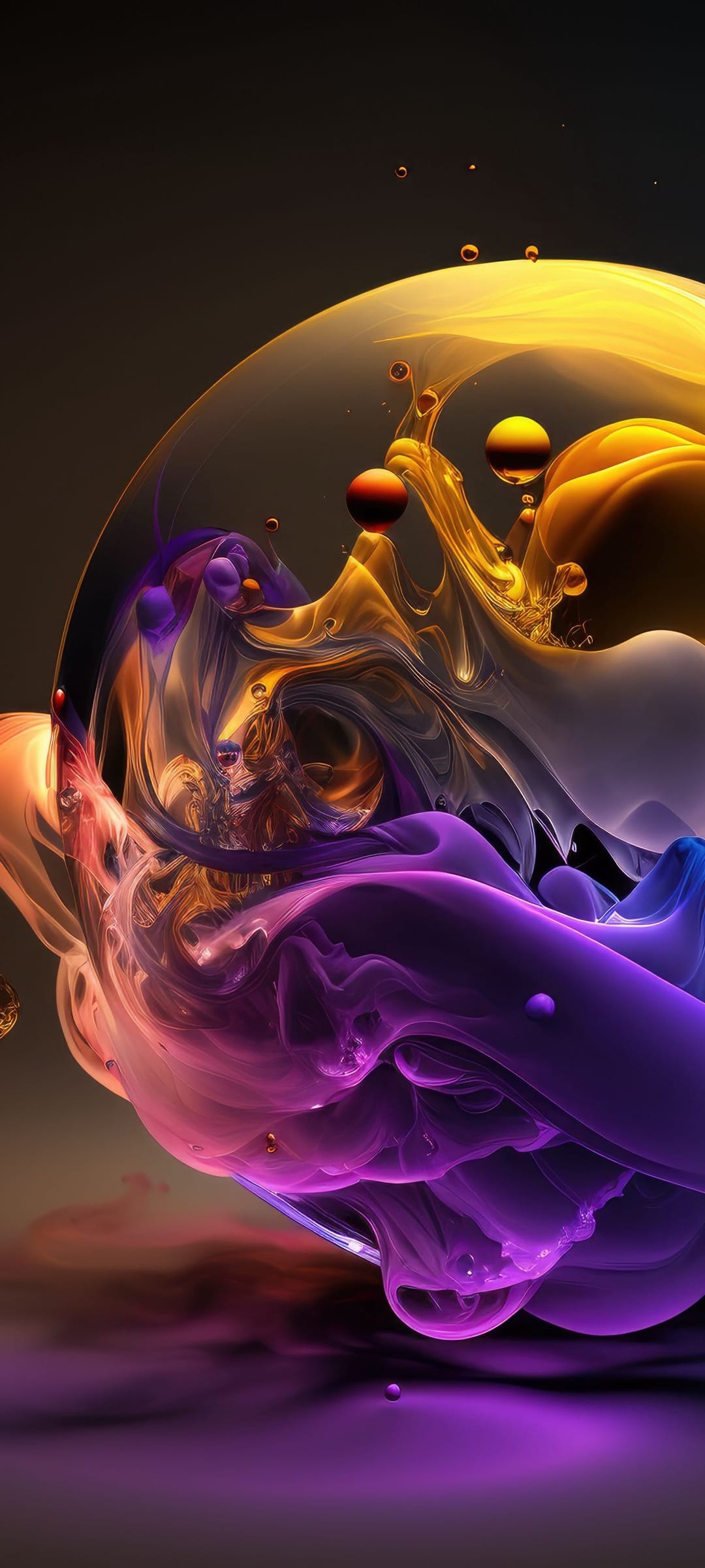 Swirling purple and gold iridescent liquids with glossy spheres and droplets against a dark, shadowy background.