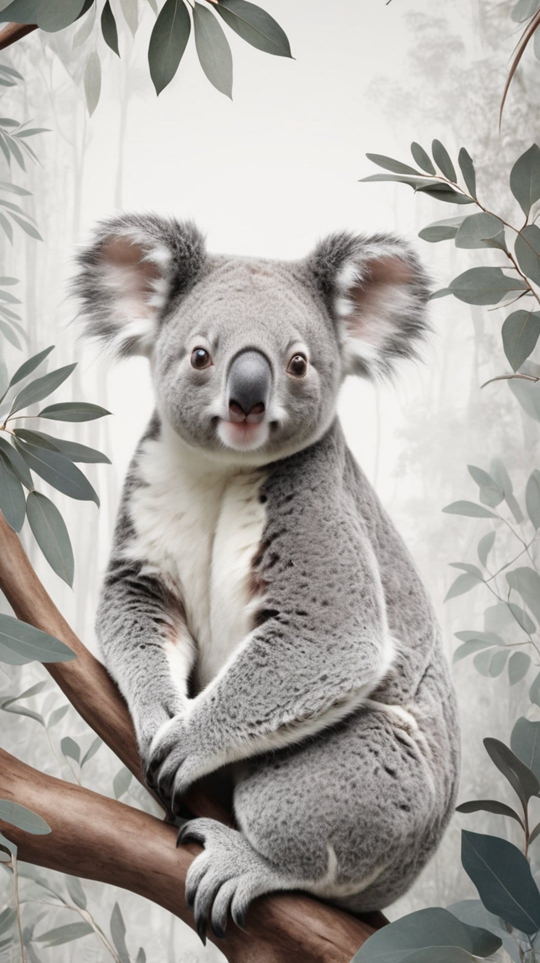 Fluffy koala with large dark eyes perches on a branch surrounded by green eucalyptus leaves in a misty forest.
