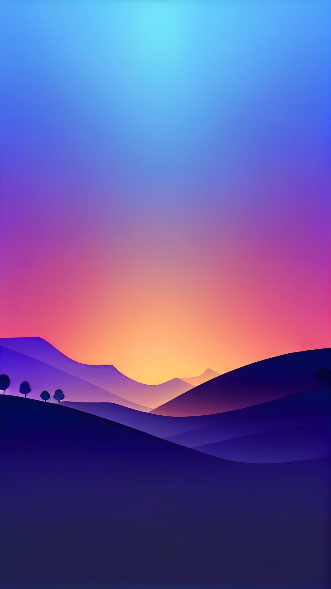 Purple mountain silhouettes stretch across the horizon under a vibrant blue, orange, and pink gradient sky.
