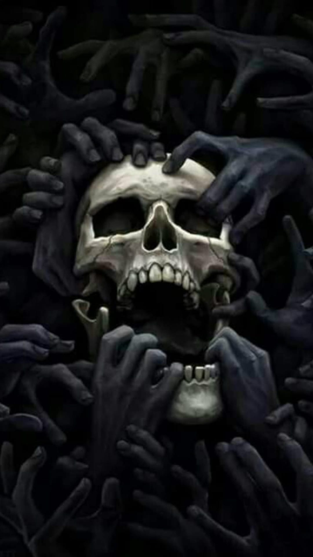Human skull with a wide open mouth being pulled and gripped by dozens of dark, reaching hands in shadows.