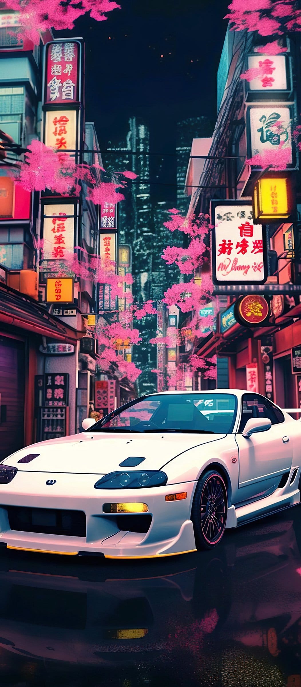 White Toyota Supra sports car parked on a neon-lit Tokyo street with cherry blossoms falling in the night air.