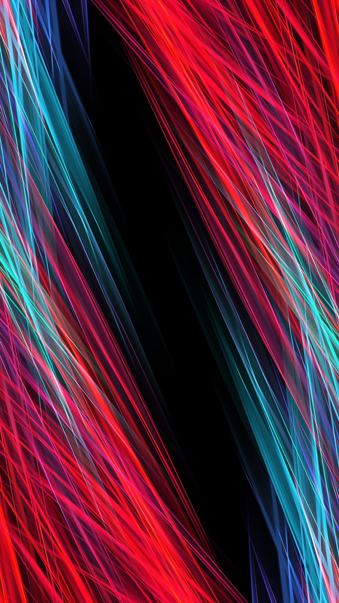 Crimson and turquoise glowing lines flow diagonally across a deep black void with a sense of fluid motion.