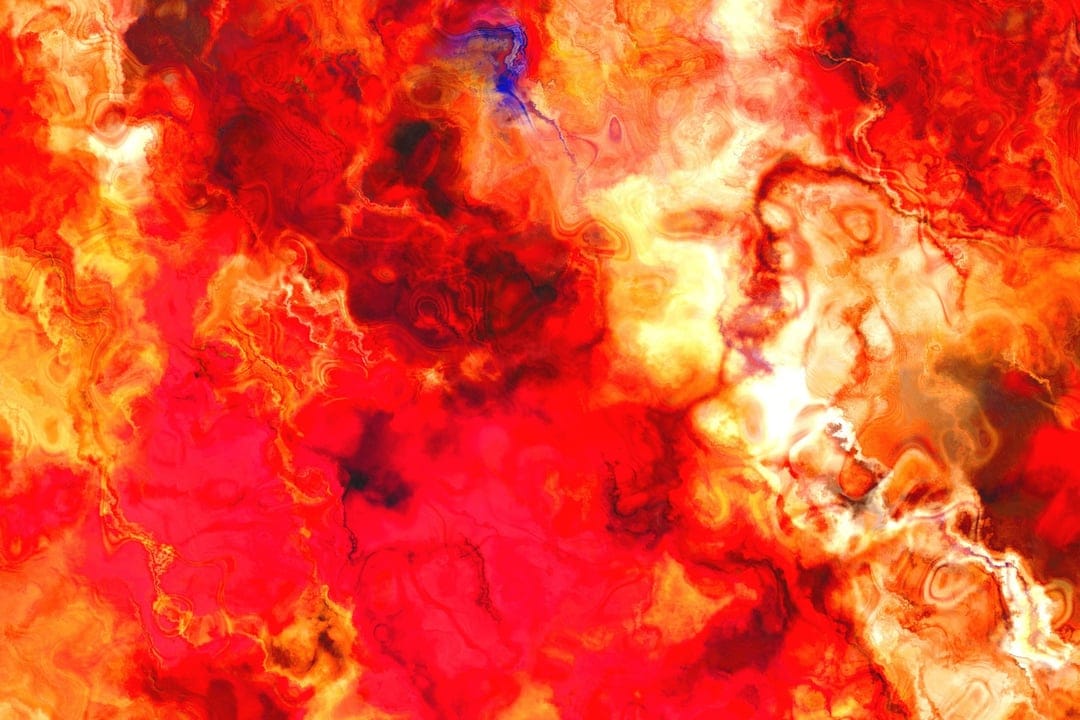 Swirling patterns of molten red and orange lava flow across a vertical frame with granular heat textures.