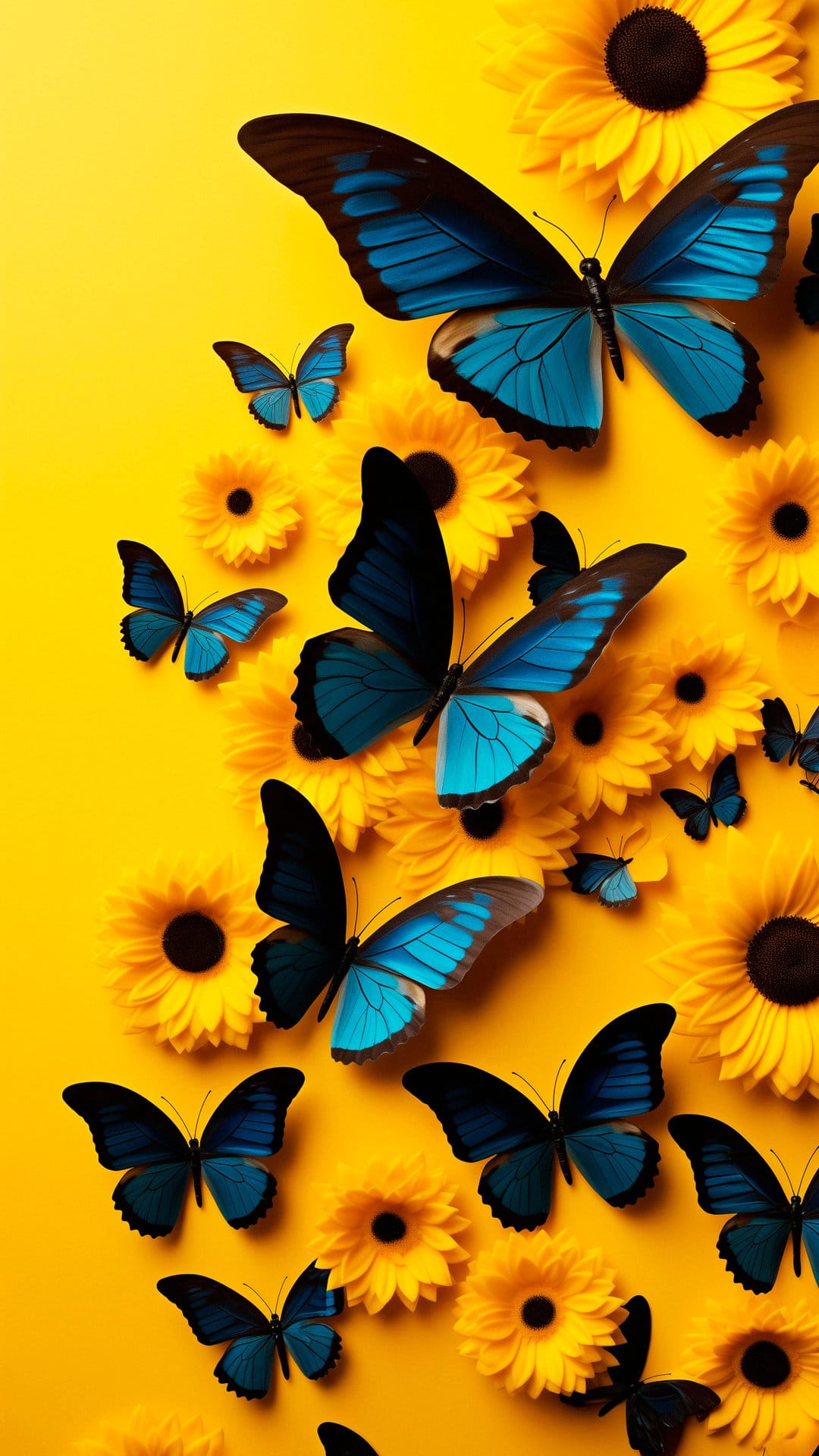 Blue butterflies with intricate wing patterns fly among yellow sunflowers on a solid golden background.