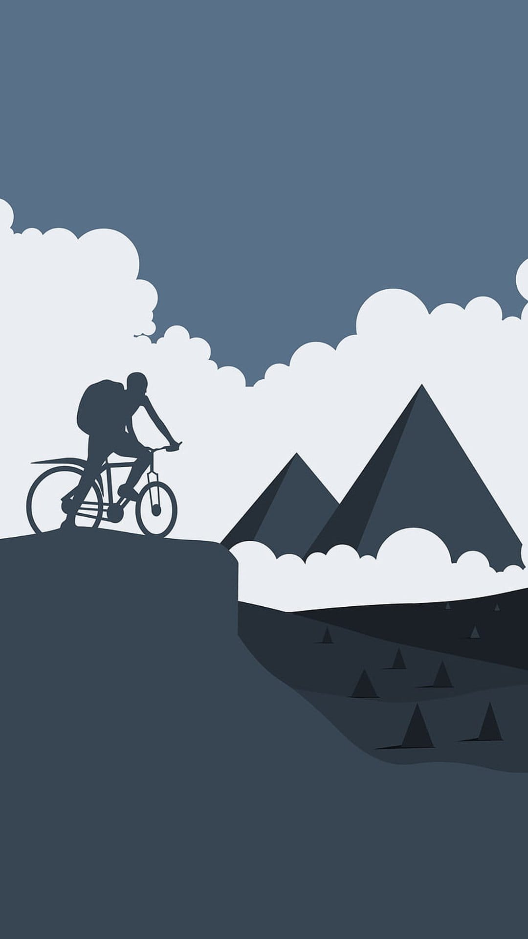 Mountain biker silhouette on a cliff edge overlooking dark pyramid peaks and a misty, triangular valley.
