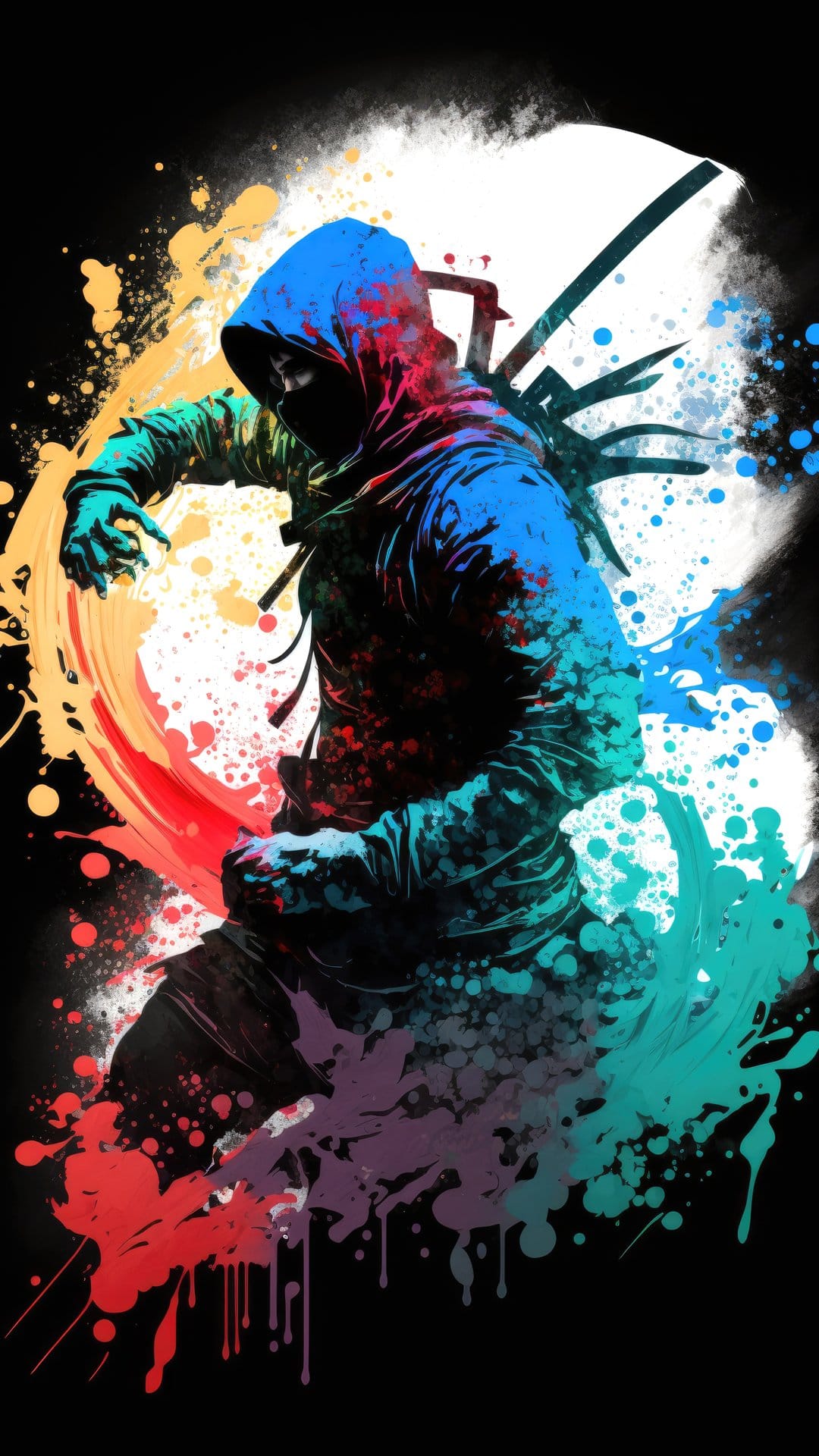 Ninja warrior in a blue hoodie holding a katana amidst an abstract explosion of red, purple, and yellow paint.