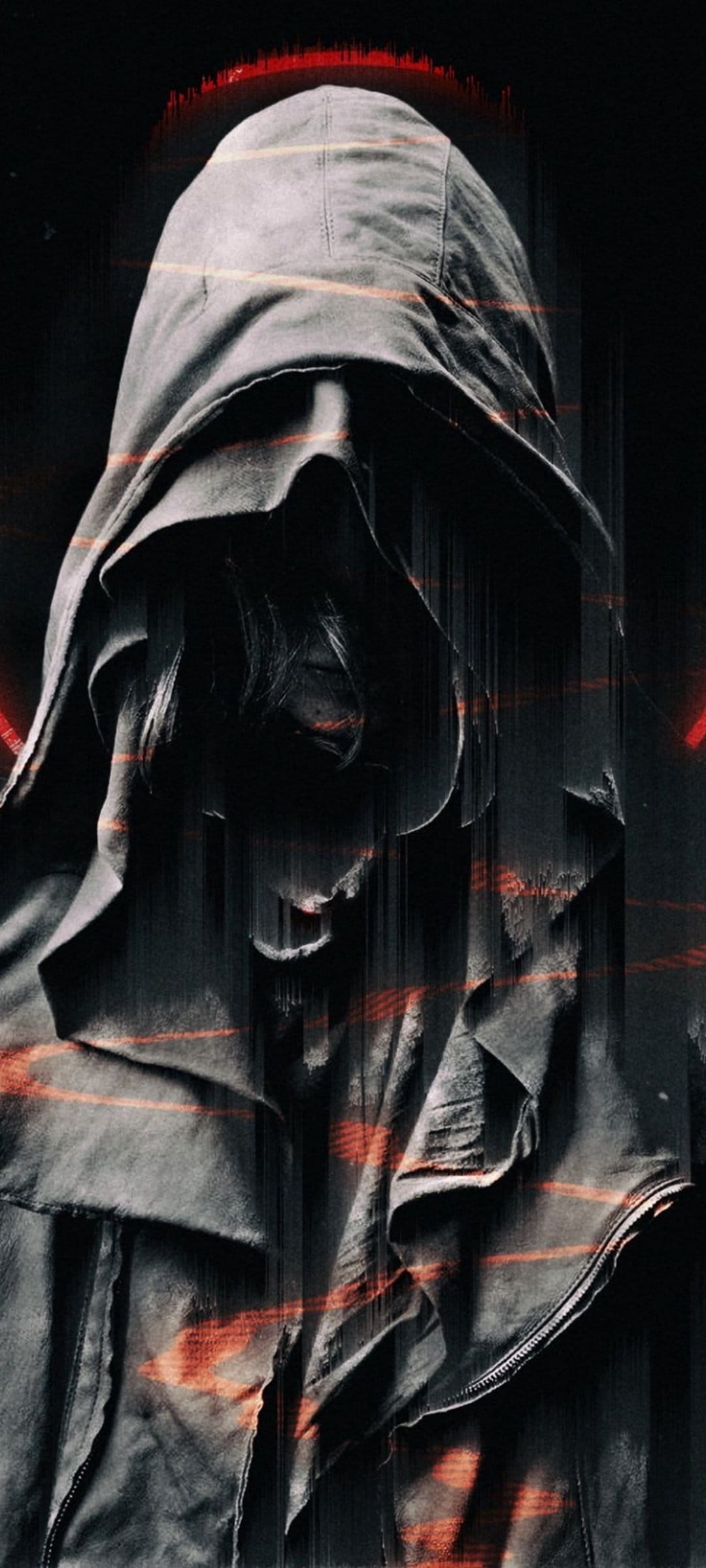 Hooded figure obscured by crimson digital glitch lines and distorted data patterns on a dark background.