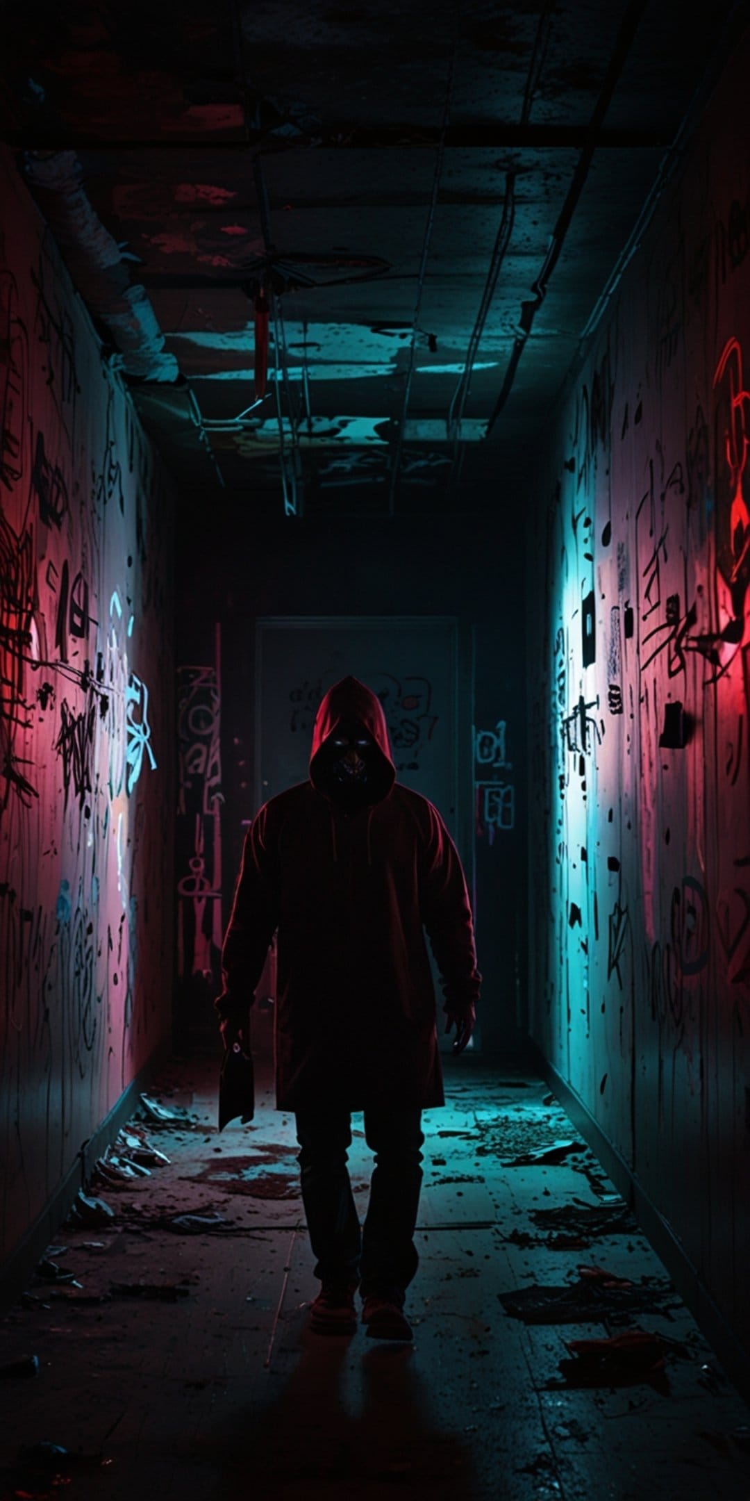 Hooded figure with glowing eyes stands in a dark hallway covered in neon red and blue graffiti and floor debris.