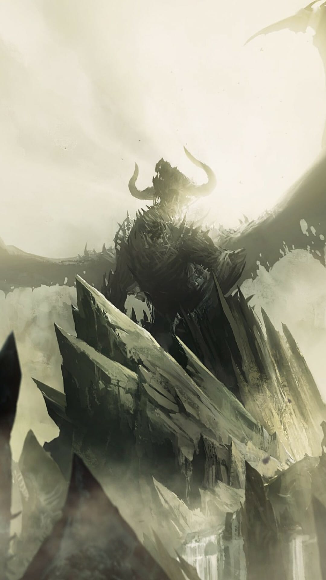 Giant horned demon standing on jagged rocks with a glowing light source behind its head in a misty sky.