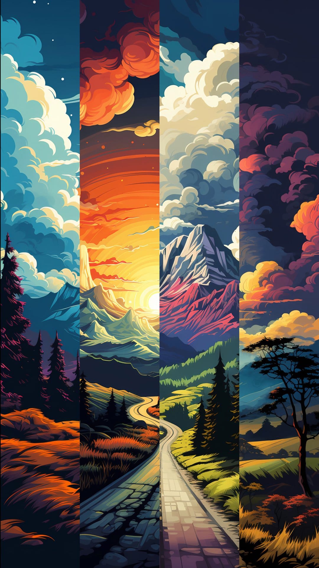 Stacked landscape panels show jagged peaks under orange sunrises, winding roads, and a starry indigo night sky.