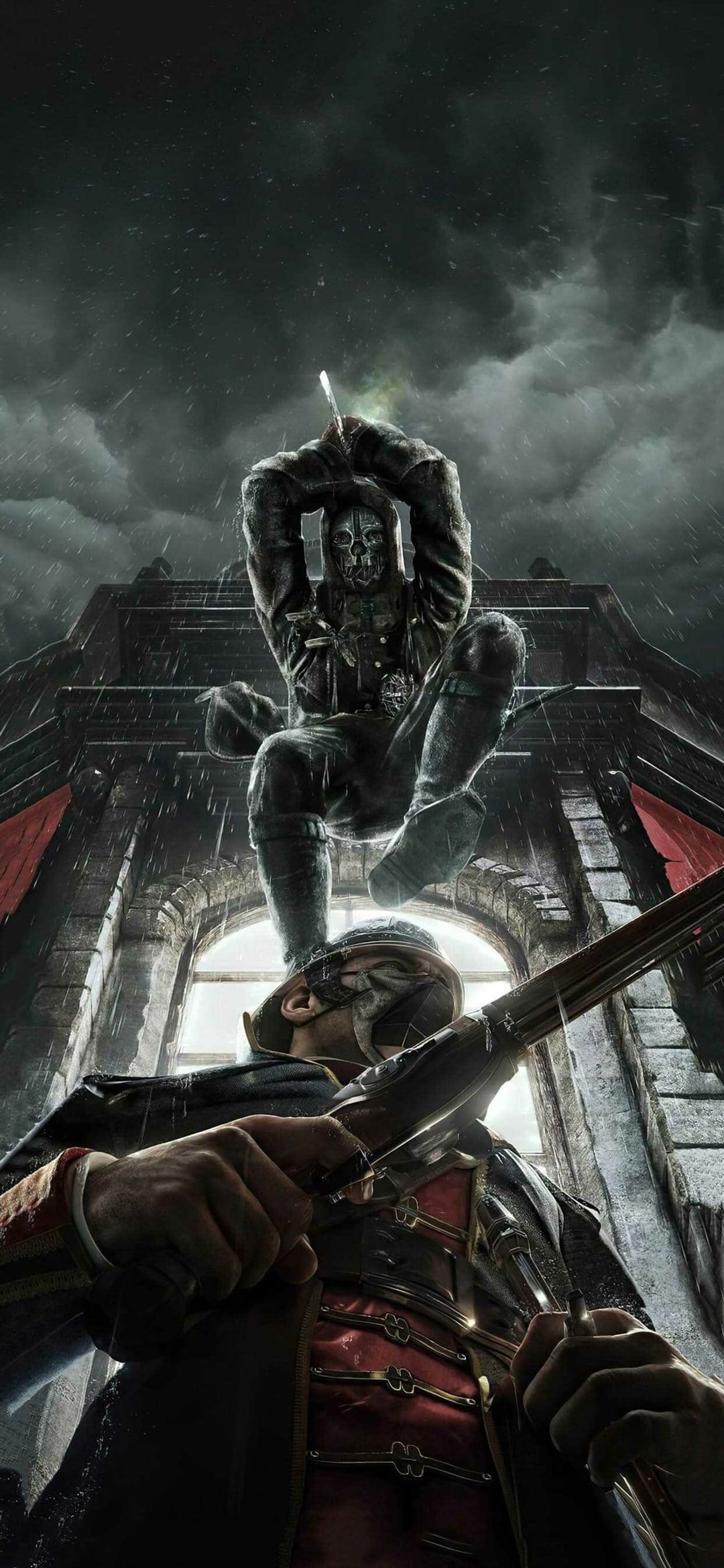 Corvo Attano in a skull mask drops from a gothic building to assassinate a guard in heavy rainfall at night.