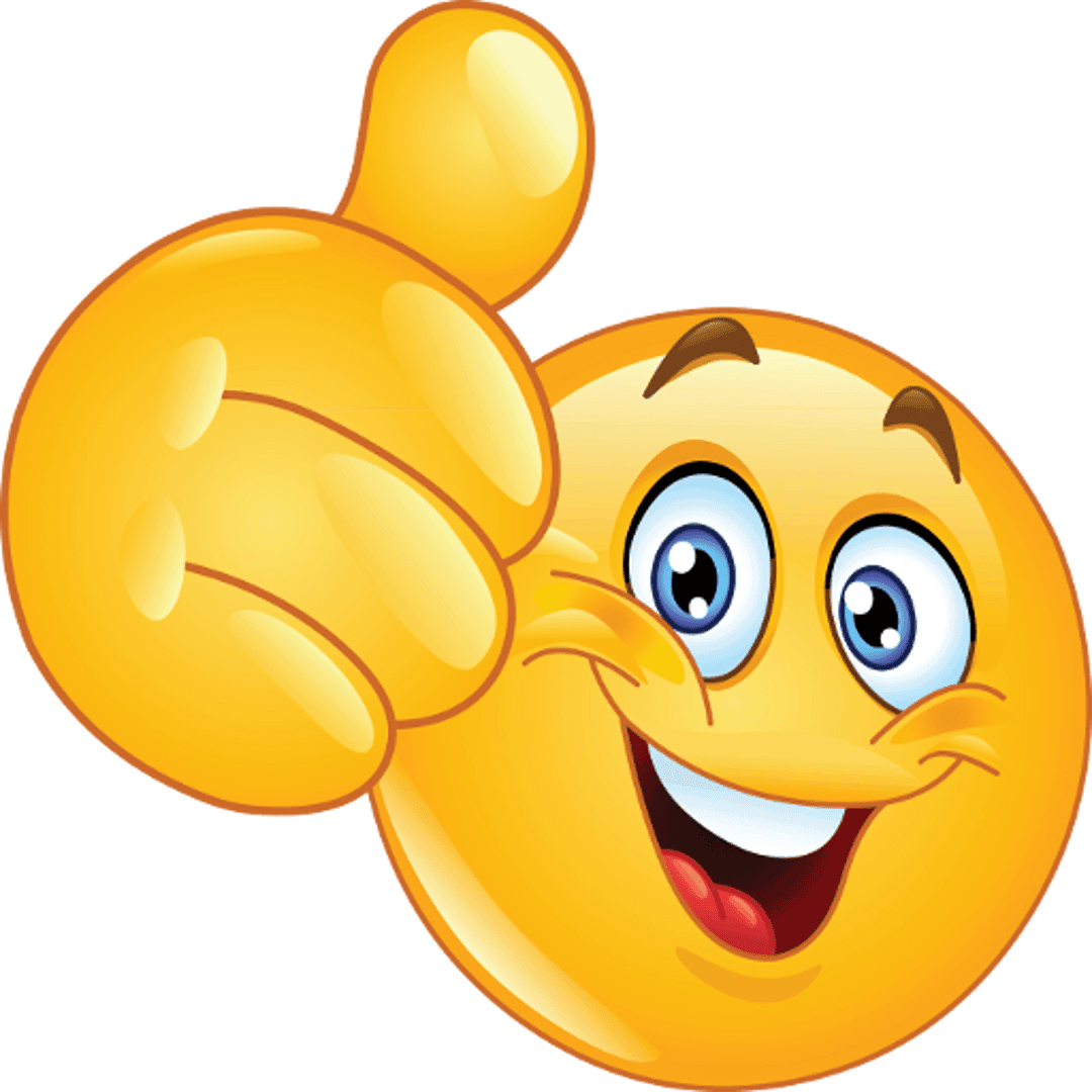 Yellow thumbs up emoji featuring a smiling face and 3D glossy texture against a transparent background.