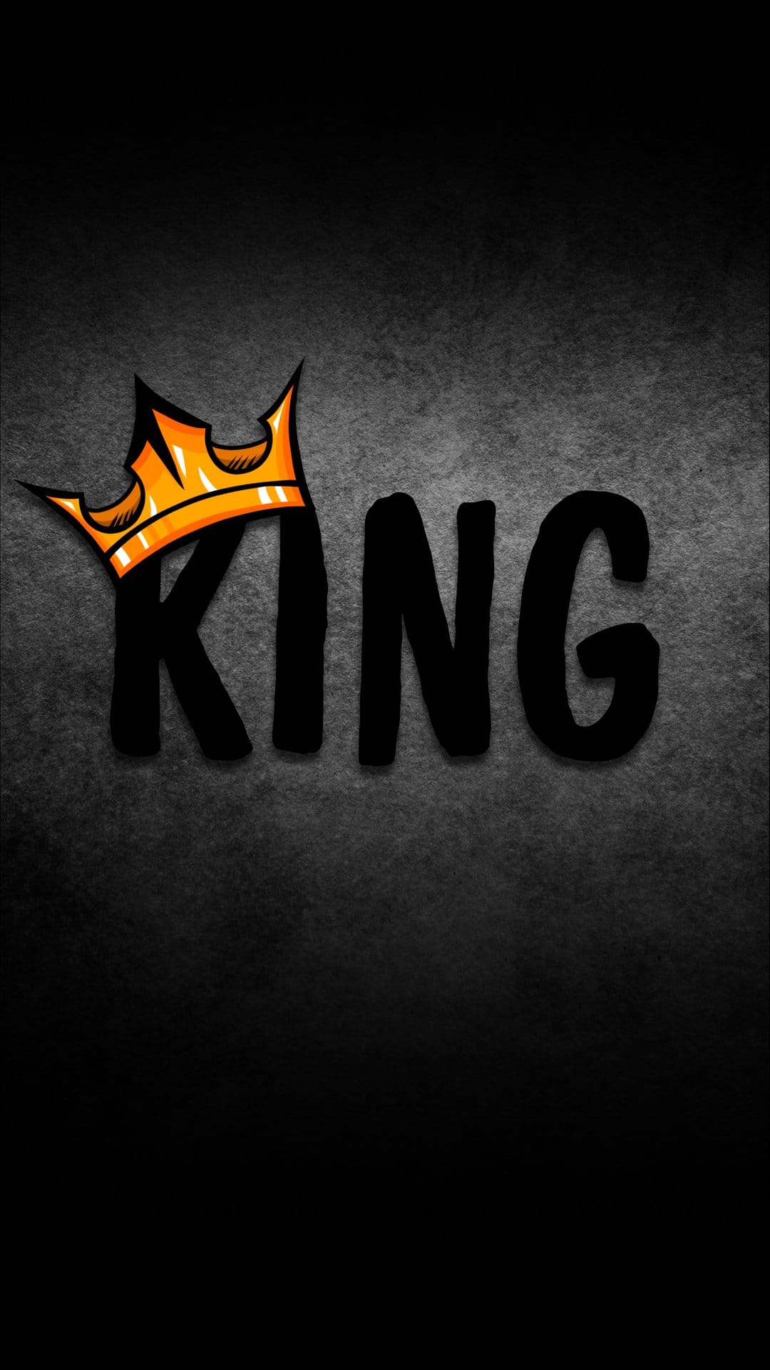 Stylized orange crown positioned above the word KING in black block letters on a dark textured gray background.