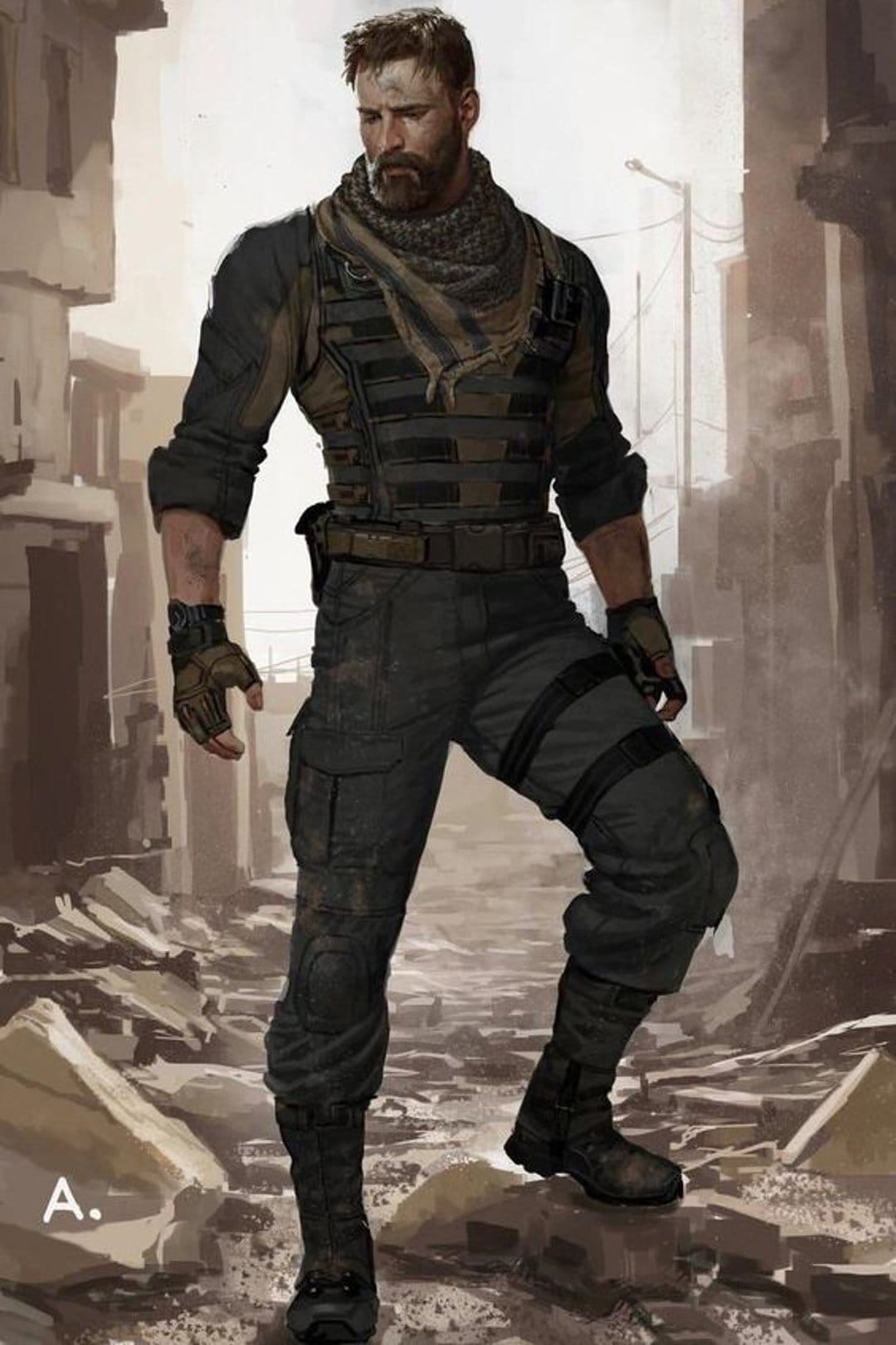 Bearded soldier in a tactical vest stands before destroyed city buildings and rubble in a war zone.