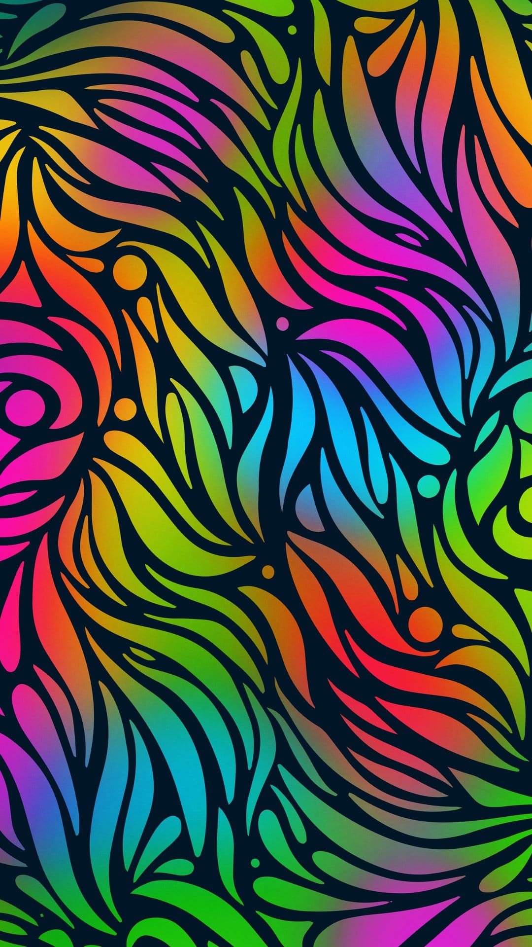 Vivid rainbow swirls and glowing fluid patterns flow across a deep navy background in a vertical composition.
