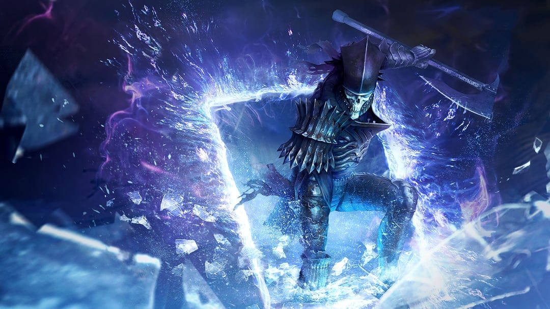 Skeletal warrior in dark armor with a skull helmet stepping through a glowing blue magical portal with a large staff.