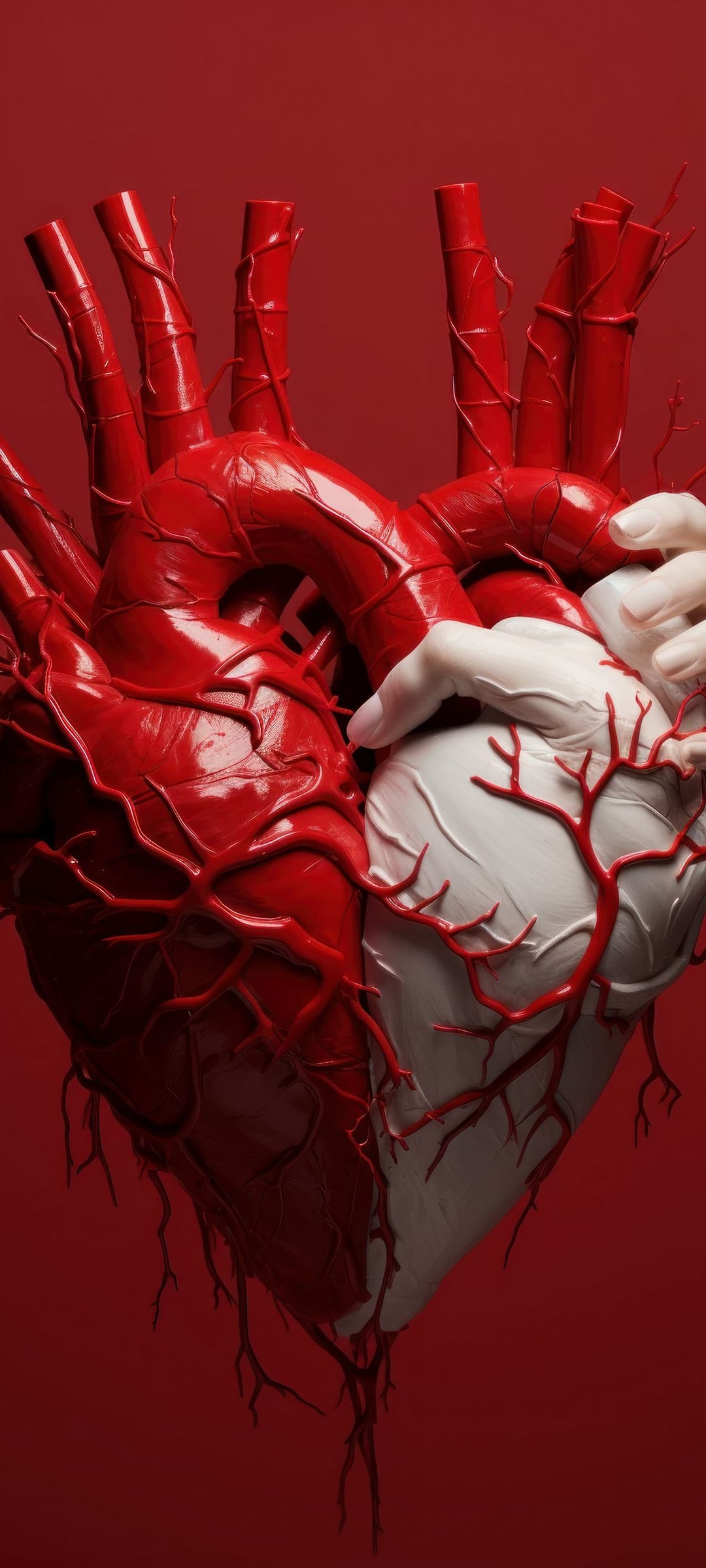 Anatomical heart with red veins and a white section cradled by white-gloved hands against a solid red background.