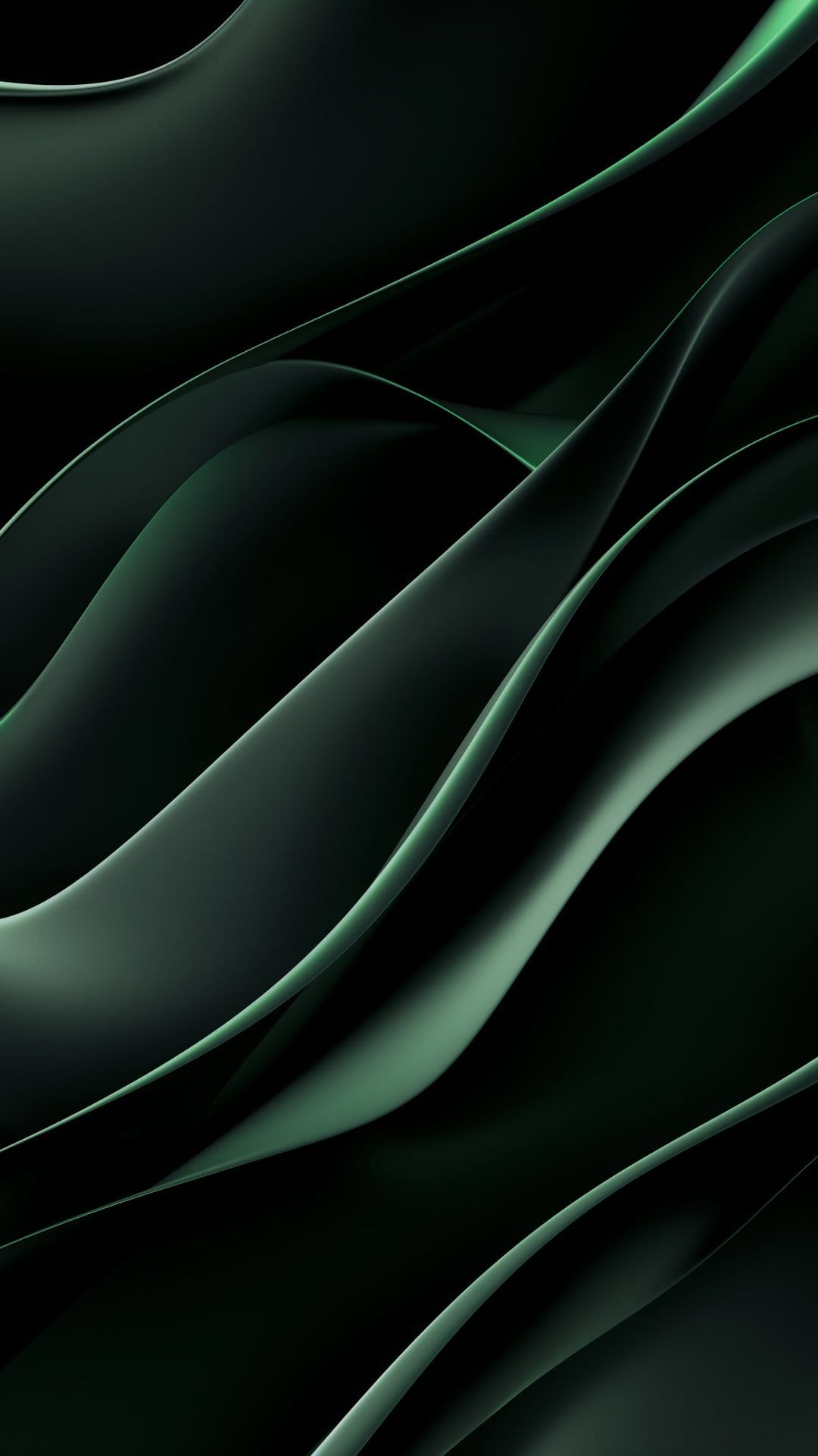 Smooth emerald green waves flow vertically with subtle lighting and soft shadows creating deep organic curves.