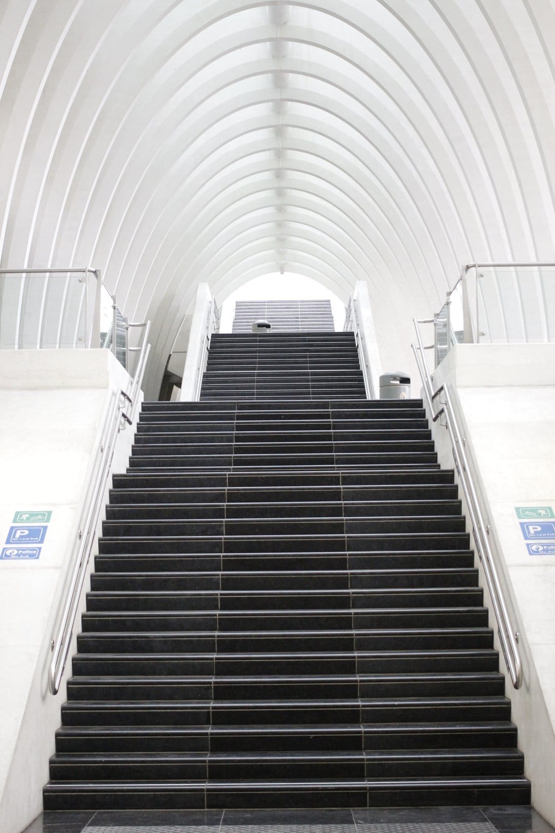 Wide dark stairs leading up to a bright white arched ceiling with symmetrical metal handrails and clean lines.