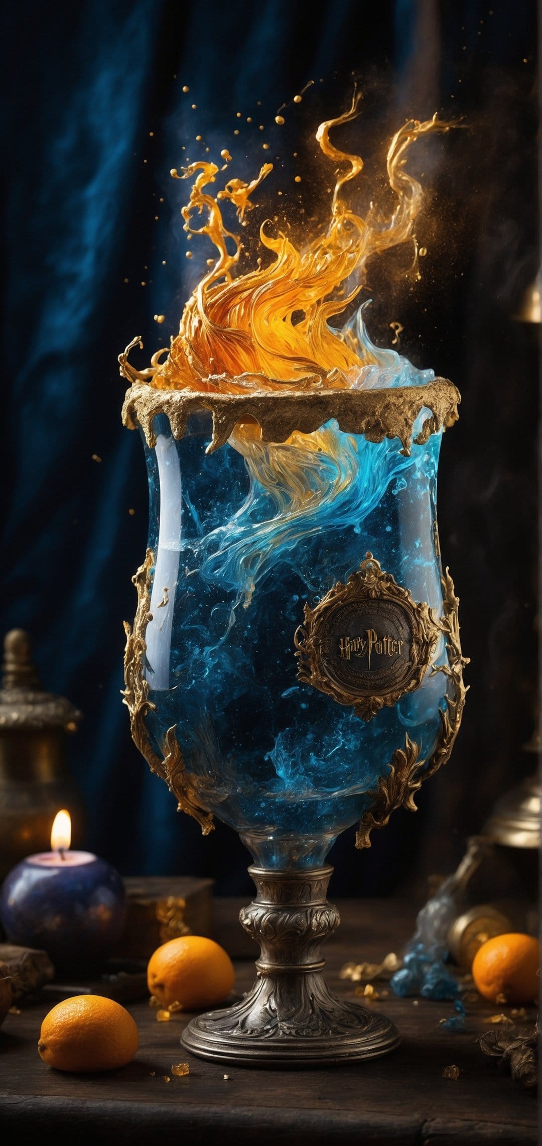 Ornate golden goblet filled with swirling blue liquid and orange flames sits on a wooden table near a candle.