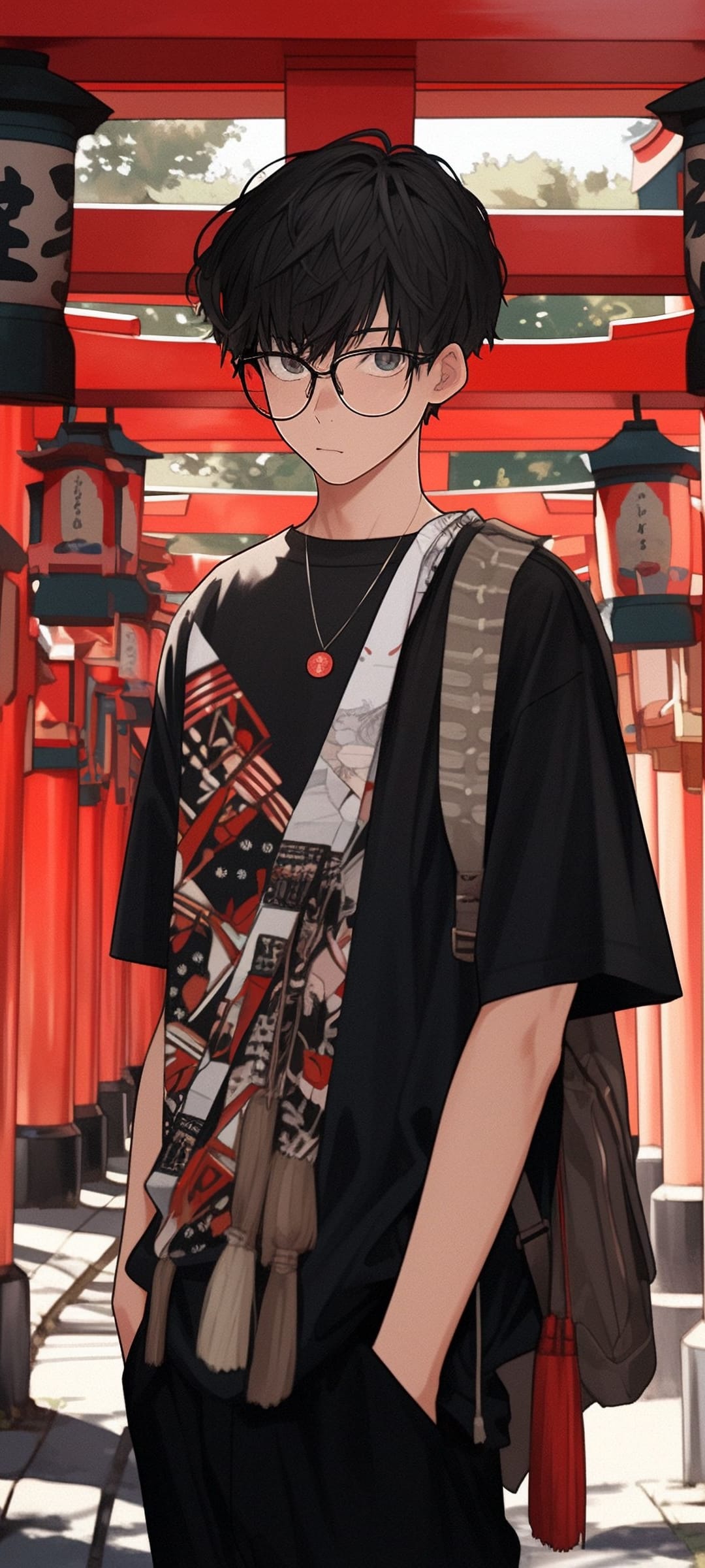 Young man with glasses and a crossbody bag stands before a row of vibrant red torii gates at a Japanese shrine.