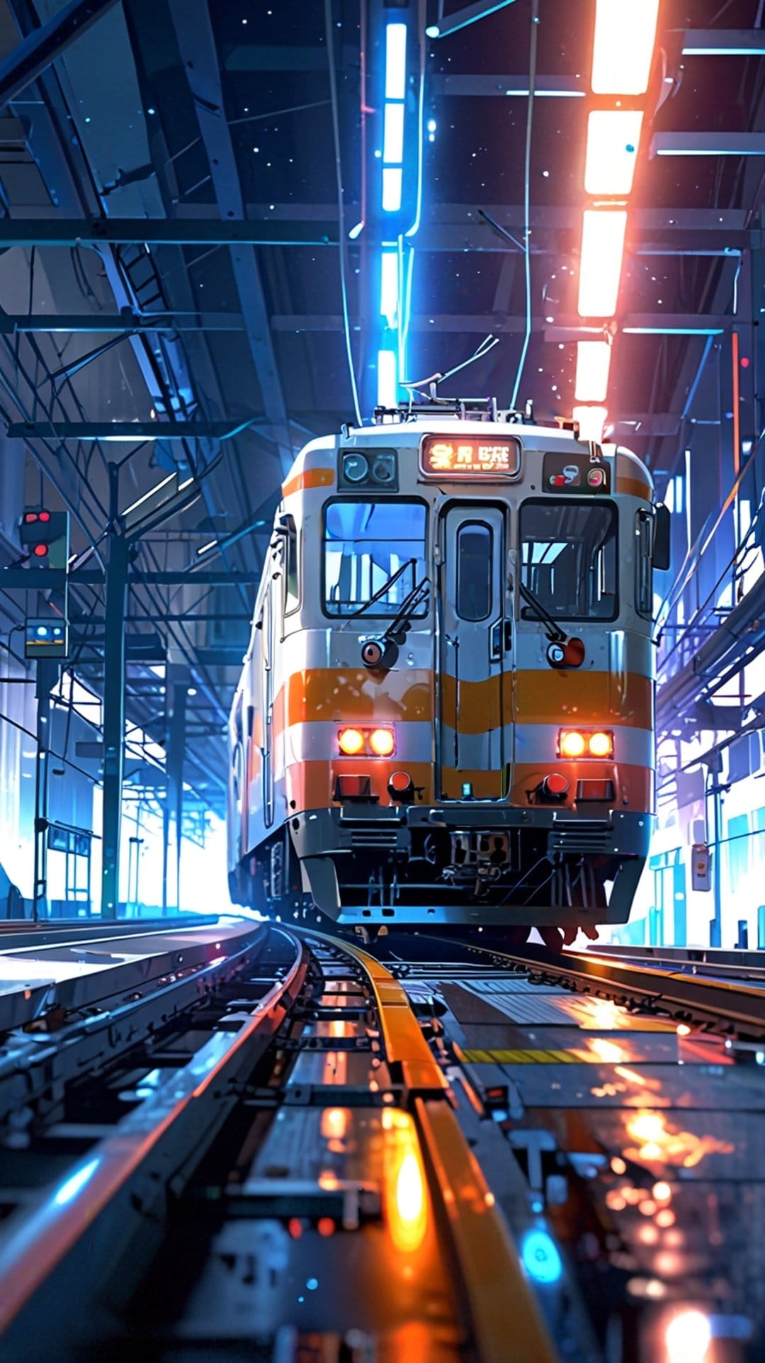 High-tech train engine on glowing tracks under blue and orange neon lights inside a futuristic urban station.