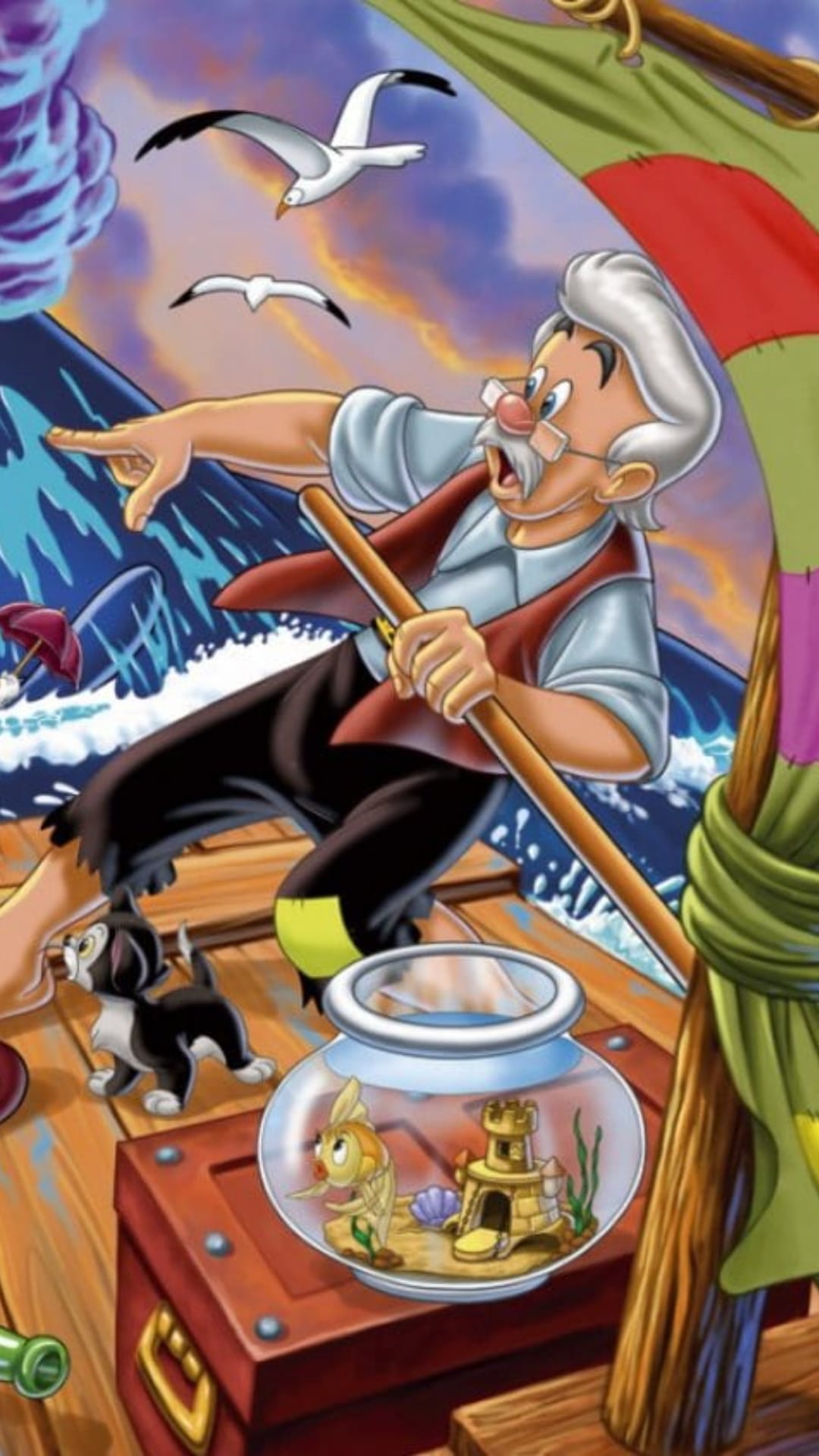 Geppetto steers a wooden boat through stormy seas with Figaro the cat beside a glowing miniature fishbowl.