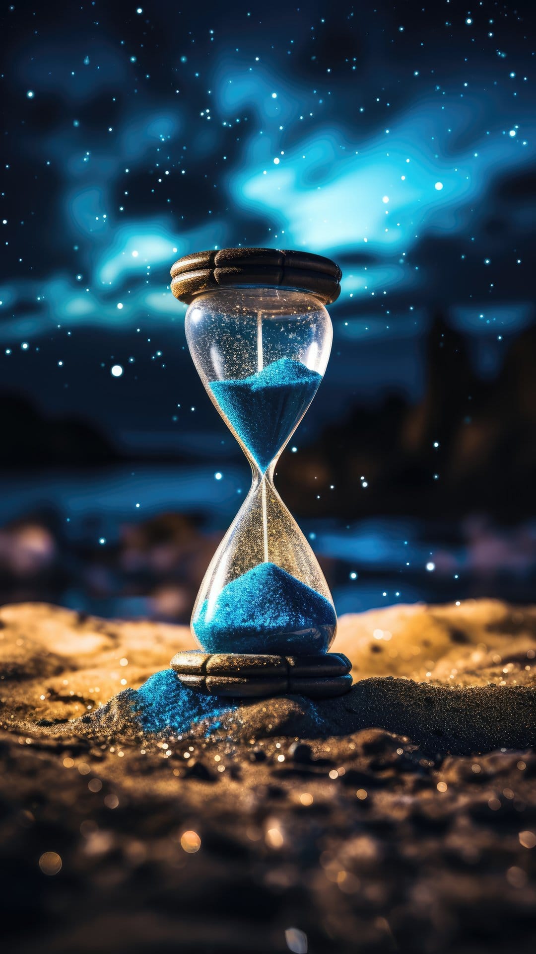 Glass hourglass with glowing blue sand rests on a coastal beach under a purple and indigo starry nebula sky.