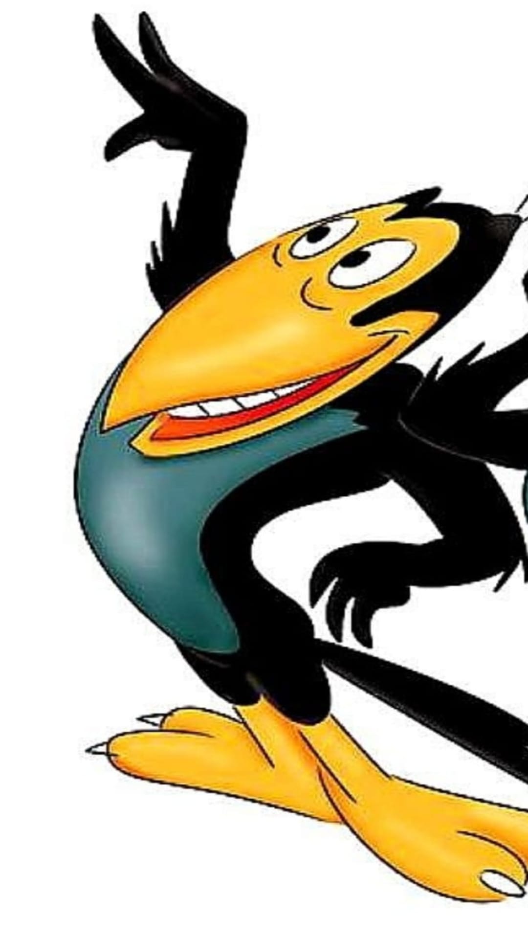 Black cartoon crow with a yellow beak and teal vest looks upward with a wide, mischievous toothy smile.