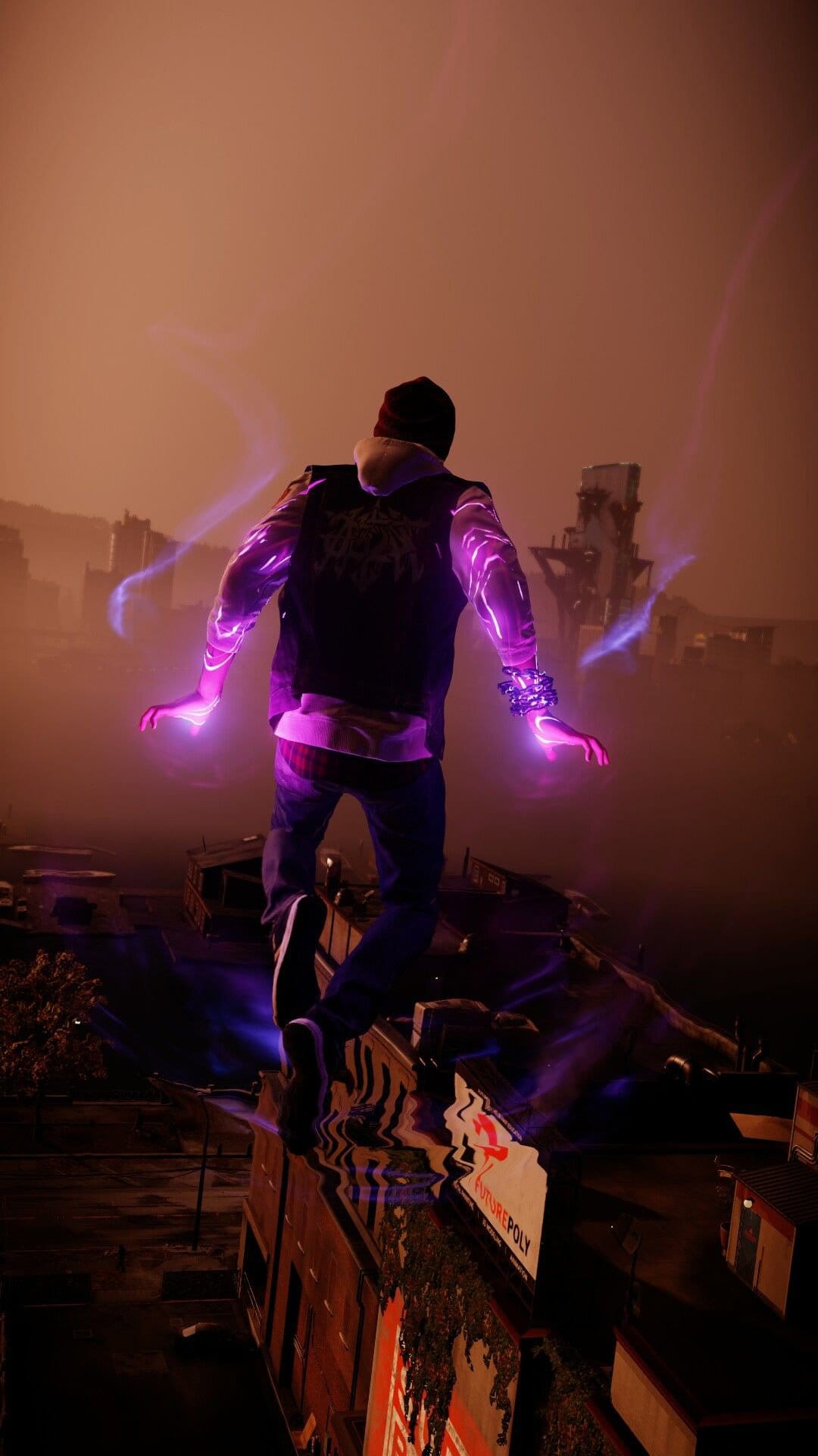 Hooded figure standing on a ledge overlooking a misty city with purple and blue energy glowing from their hands.