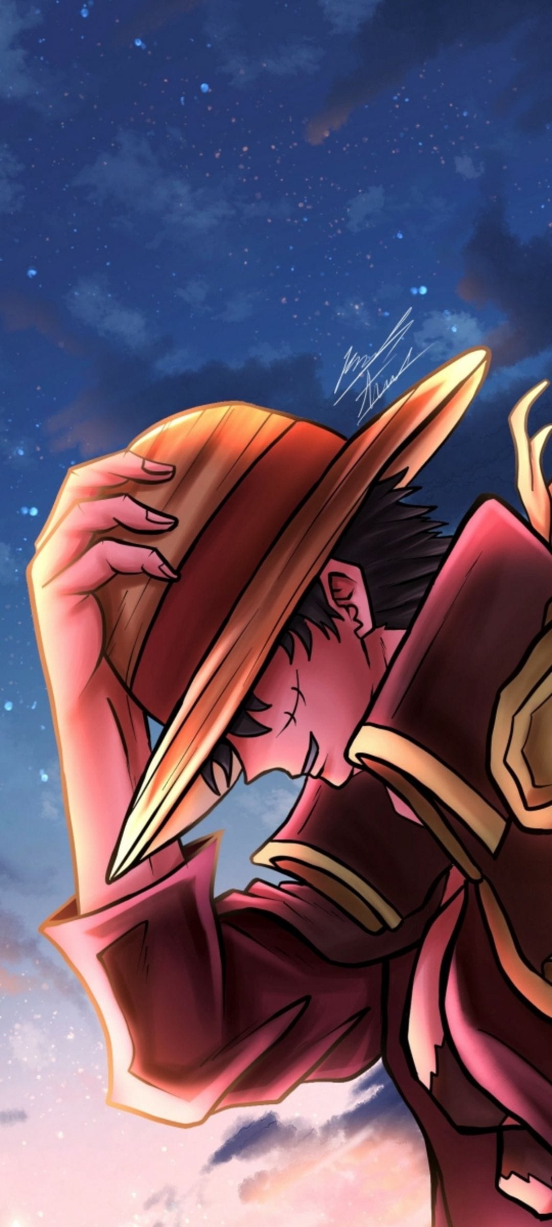 Monkey D. Luffy wears a straw hat under a vibrant starry night sky with orange and purple sunset highlights.