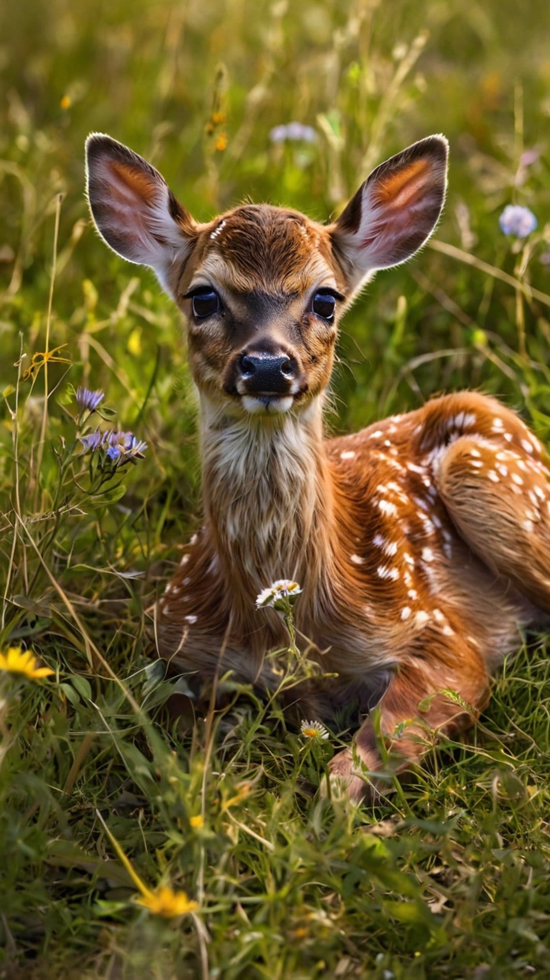 Spotted fawn with large dark eyes resting in tall green grass and wildflowers under soft golden sunlight.