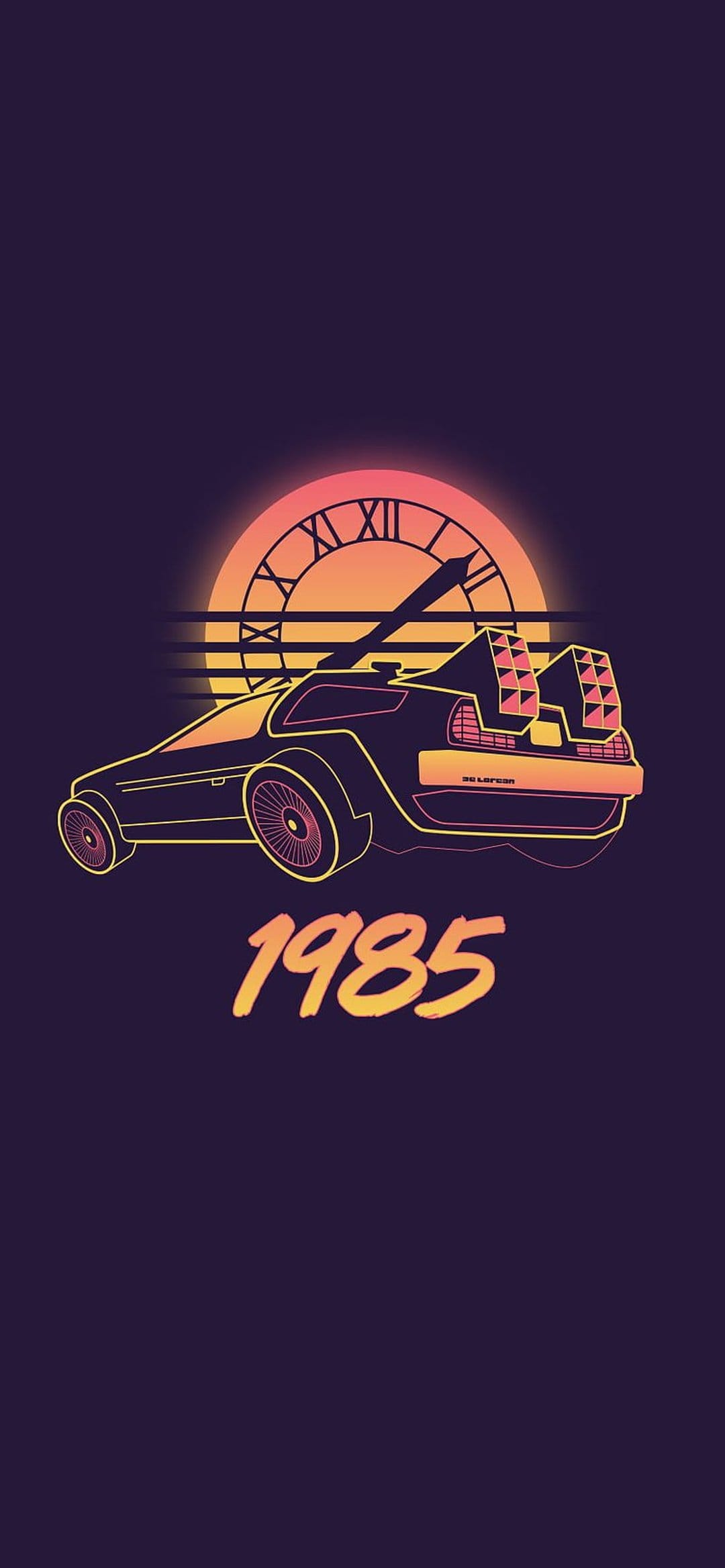 DeLorean time machine car parked before a giant clock face and a glowing orange sunset with 1985 typography.