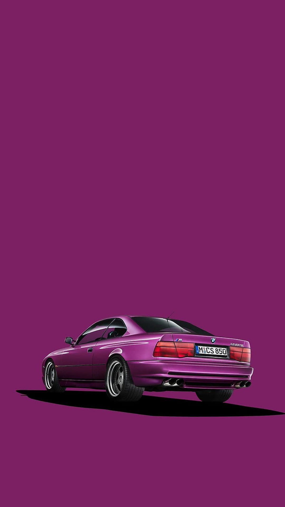 Purple BMW E31 8 Series rear view showing wide taillights and quad exhausts against a solid purple background.