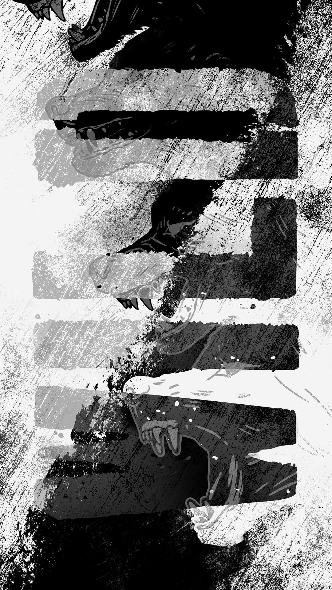 Sharp jagged lines and snarling predatory silhouettes appear in a distressed monochromatic ink-blot style.