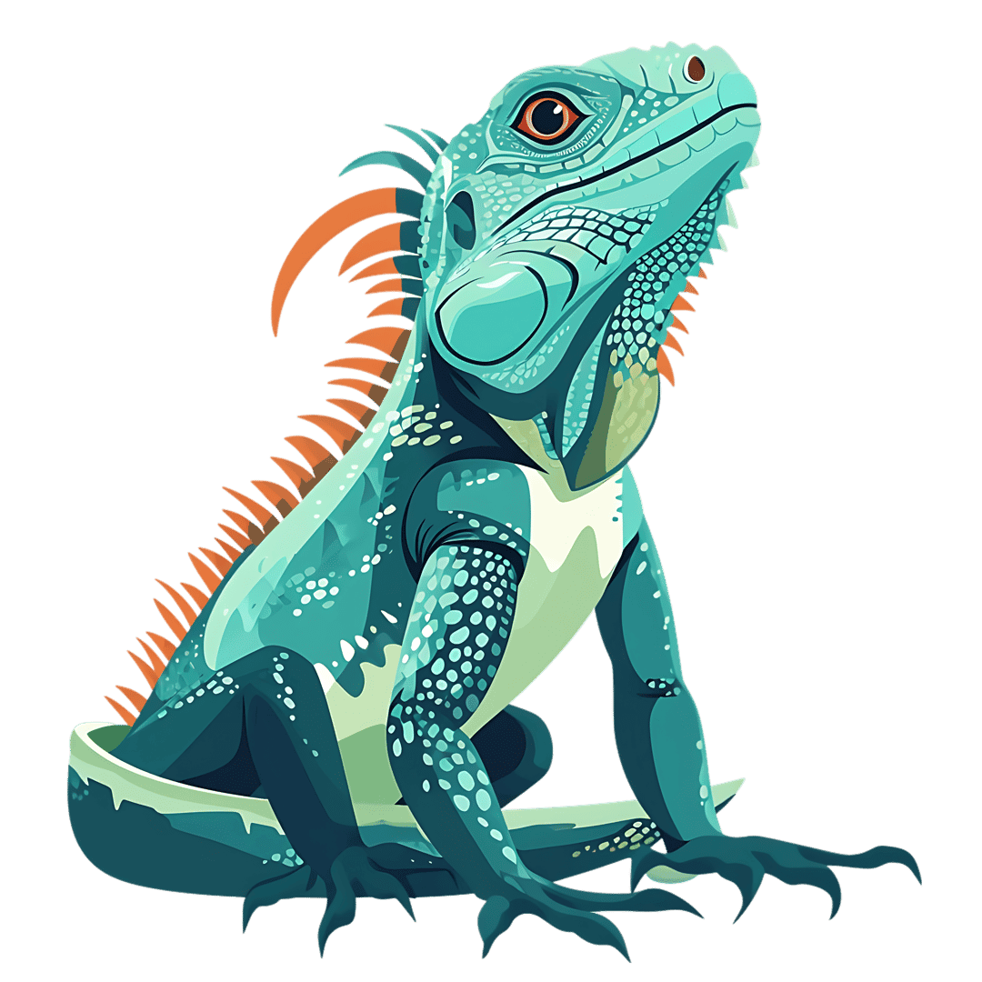 Blue iguana with vibrant orange spikes features detailed scale patterns and a bright eye against black space.