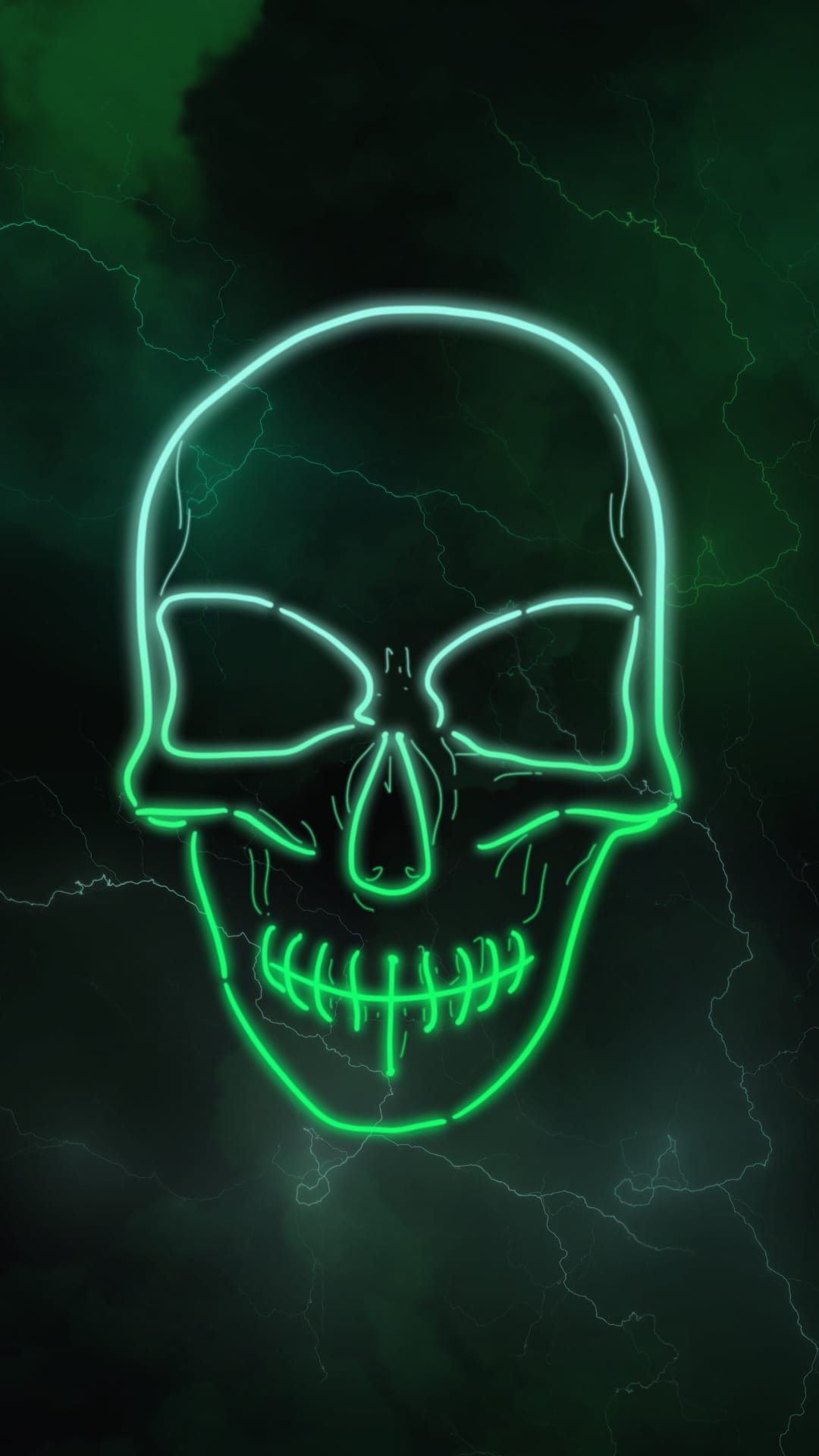 Neon green skull outline glowing against a dark stormy background with bright white lightning strikes and clouds.