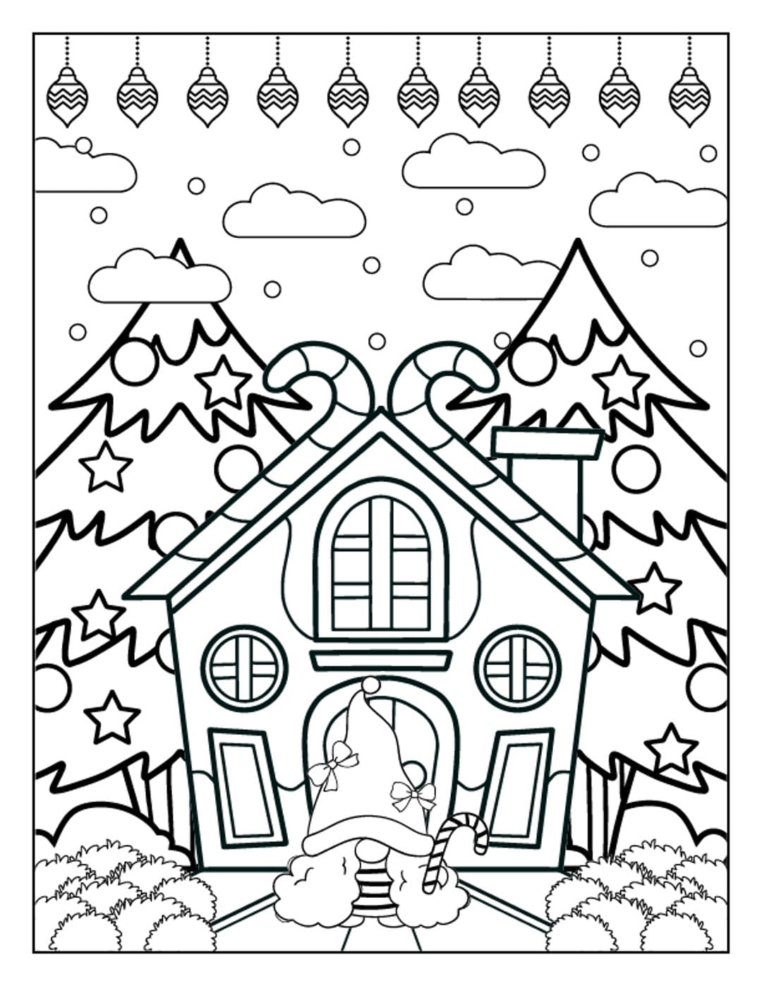 Christmas gnome coloring page featuring a character with a candy cane standing before a gingerbread house scene.