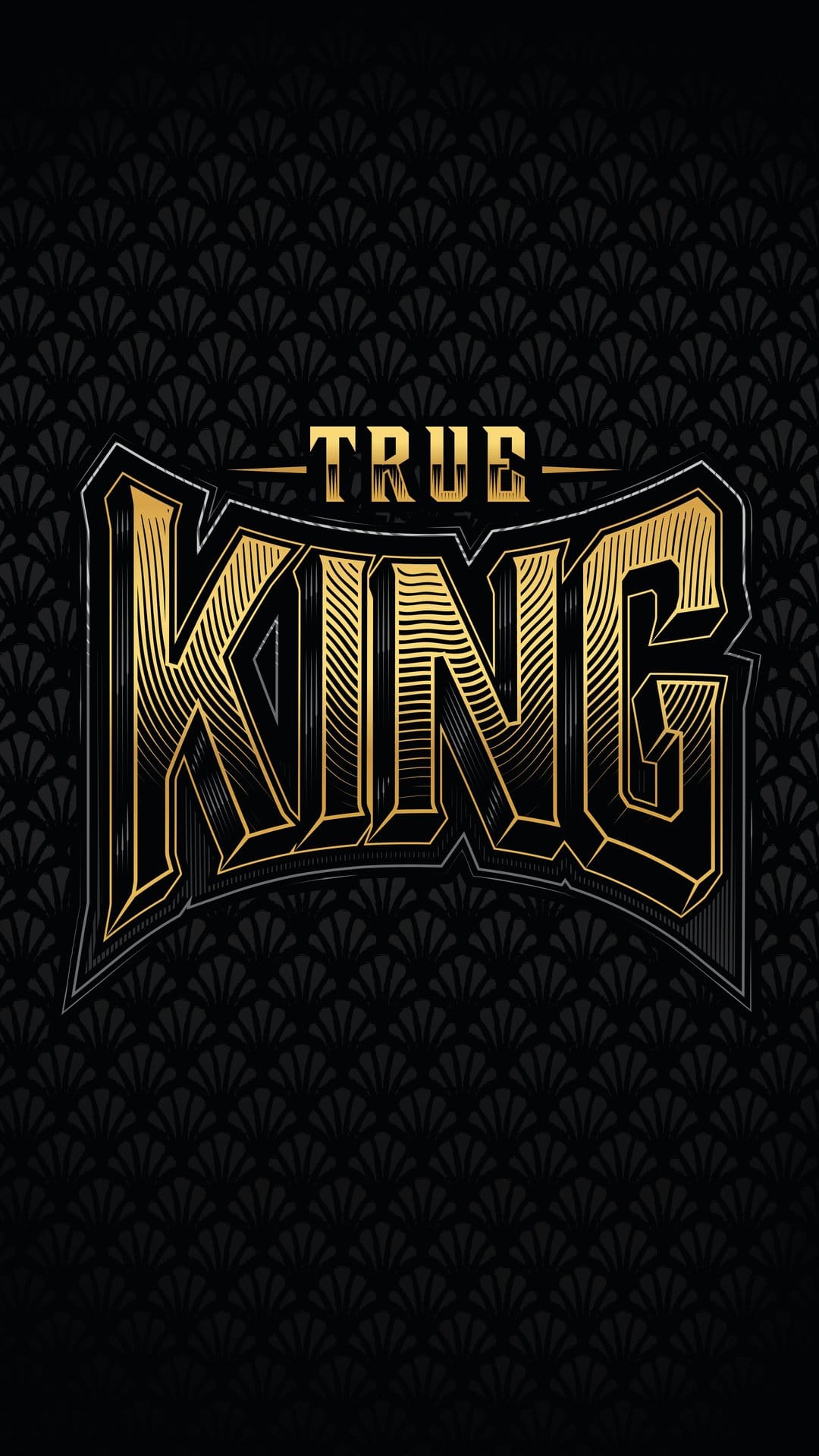Gold True King text with metallic outlines centered on a black background featuring intricate Art Deco patterns.