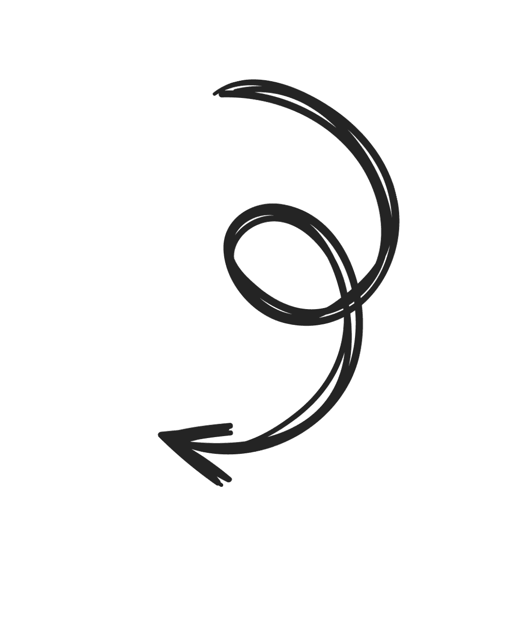 Curved arrow vector with a smooth spiral path and pointed tip provides clear navigation on a transparent background.