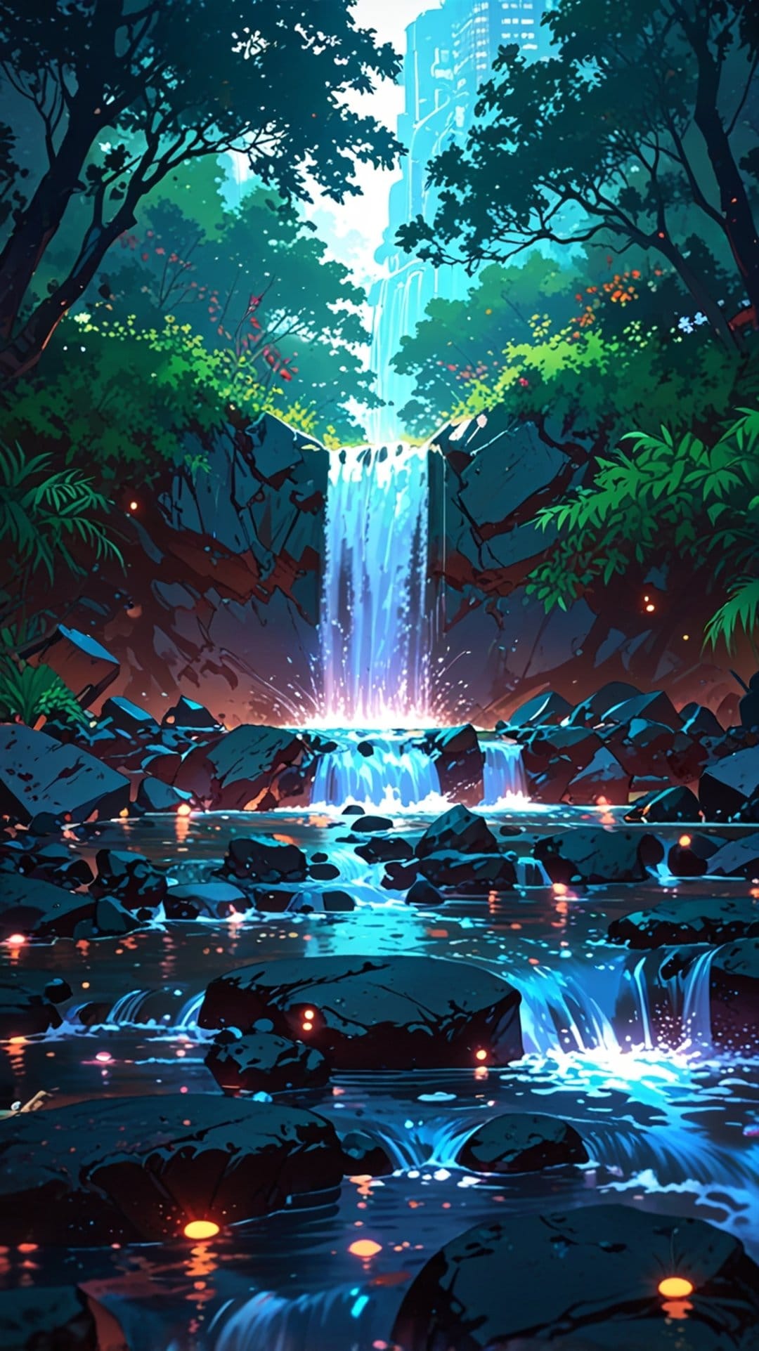 Glowing blue waterfall cascading from rocky cliffs toward a distant futuristic city with tall skyscrapers.
