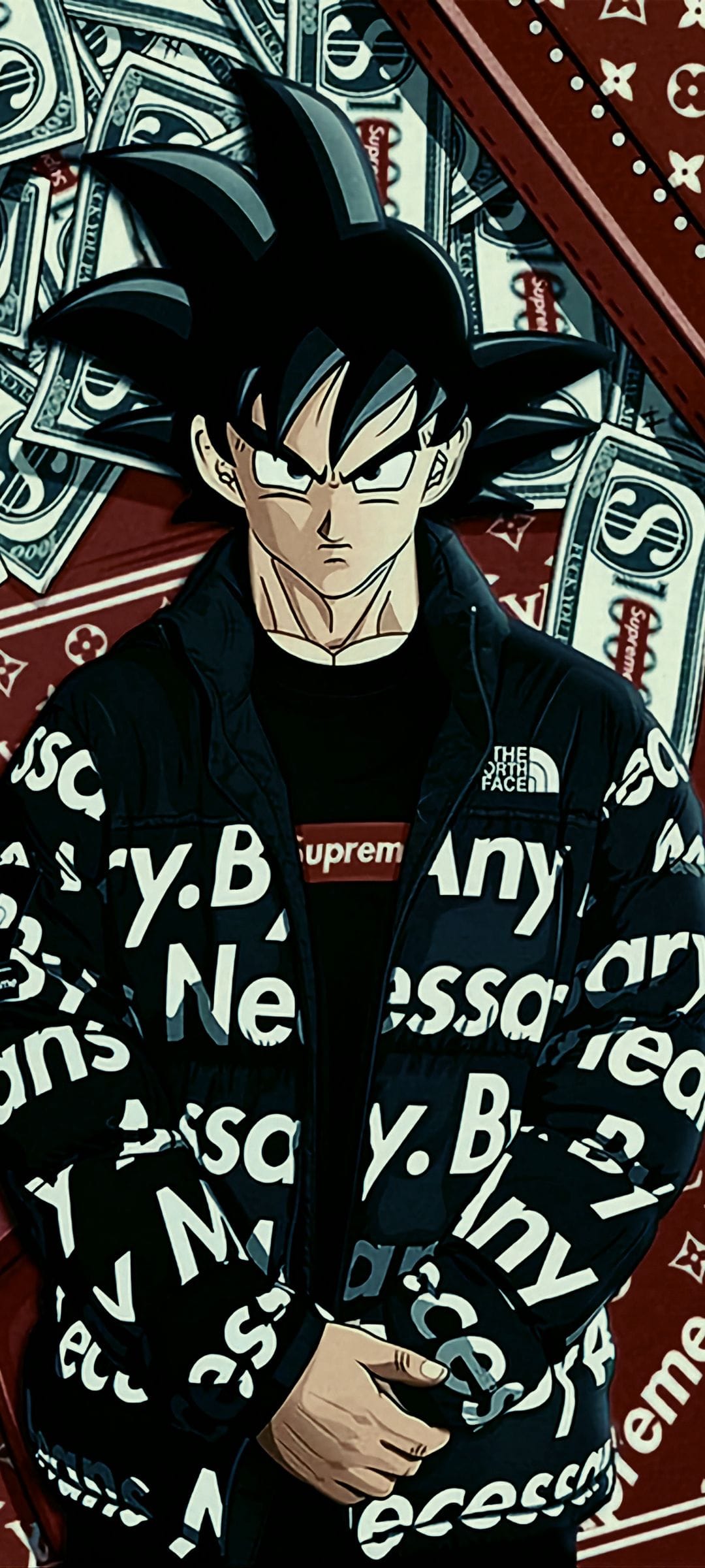 Goku wears a black Supreme puffer jacket and box logo shirt standing before floating dollar bills and LV patterns.