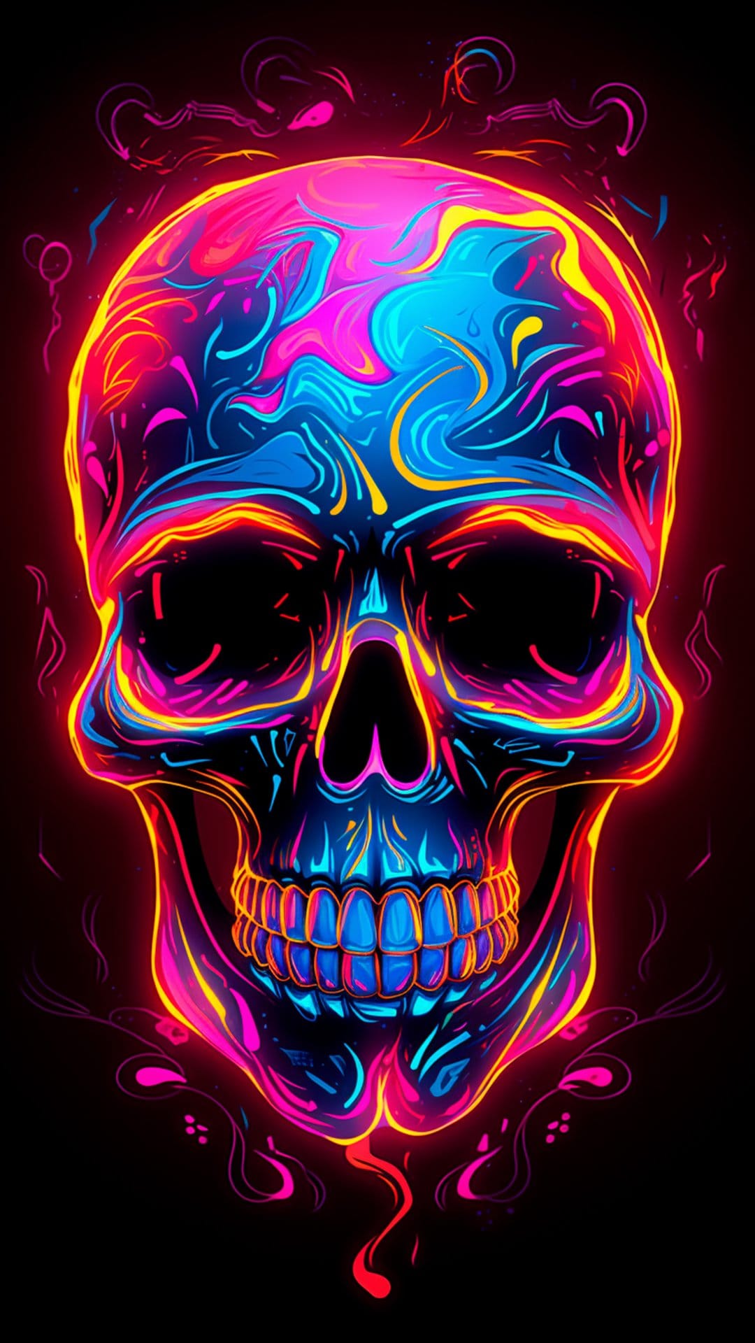 Human skull surrounded by glowing electric blue and hot pink abstract swirls against a dark black background.