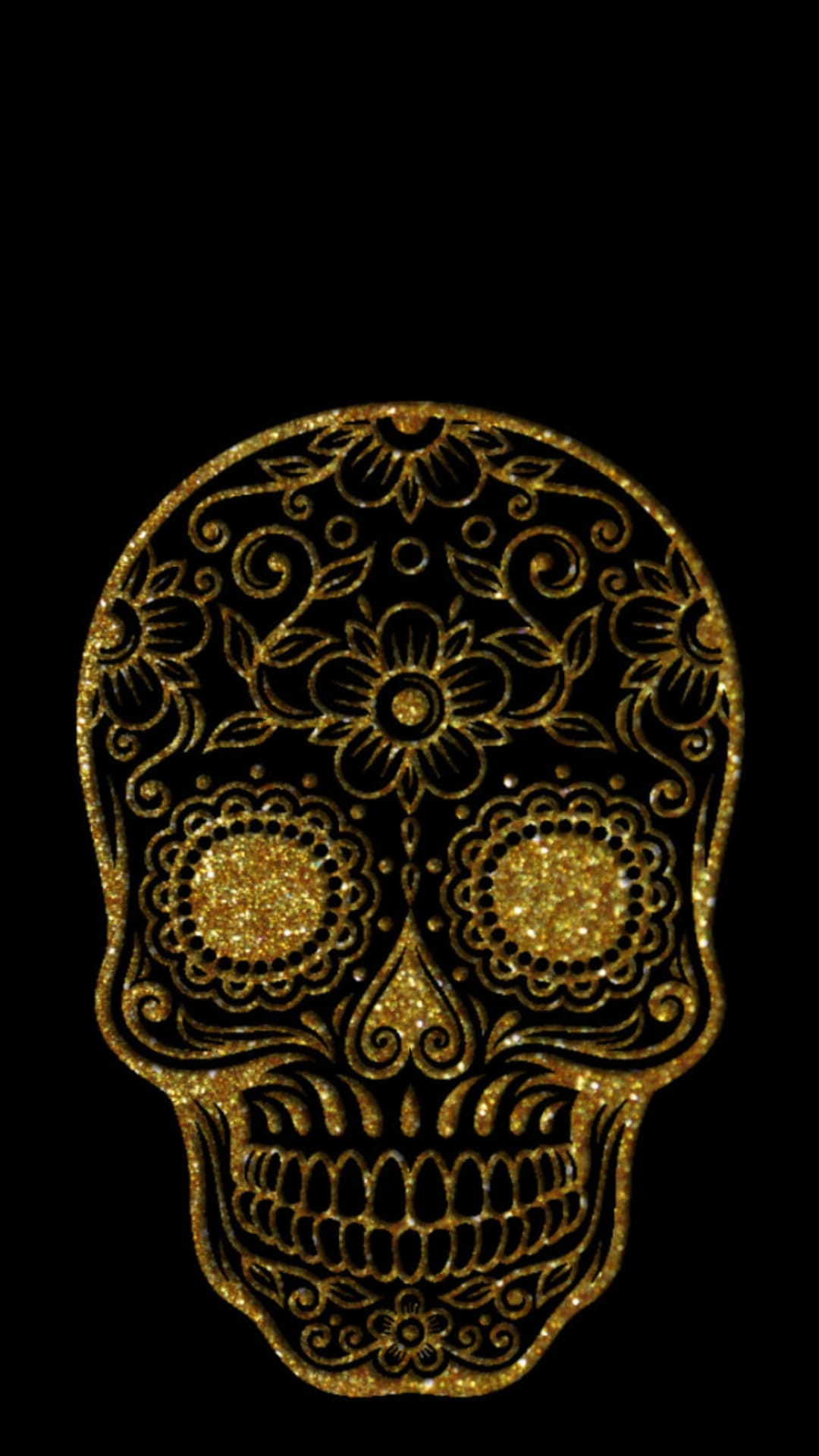 Golden glitter skull featuring intricate floral etchings and sparkling vines against a solid black backdrop.