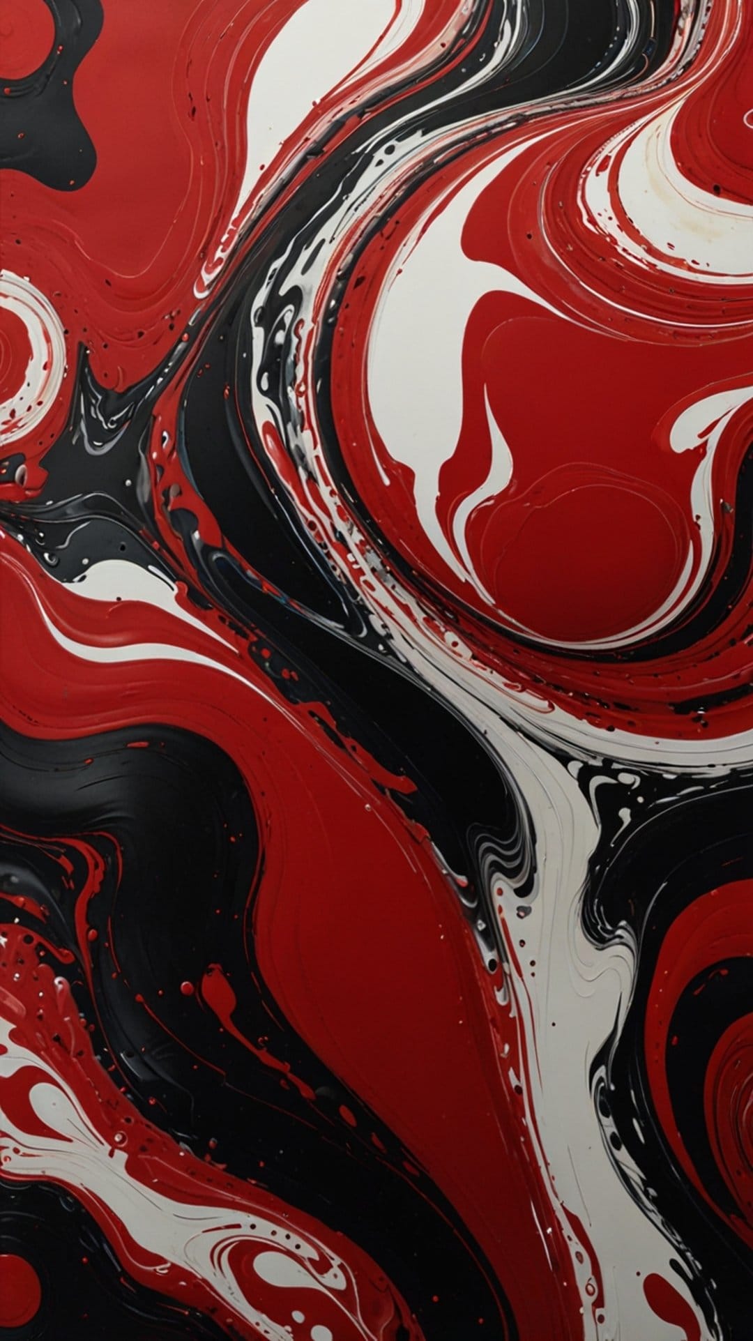 Swirling red, black, and white liquid paint patterns merge in a high-contrast organic fluid composition.