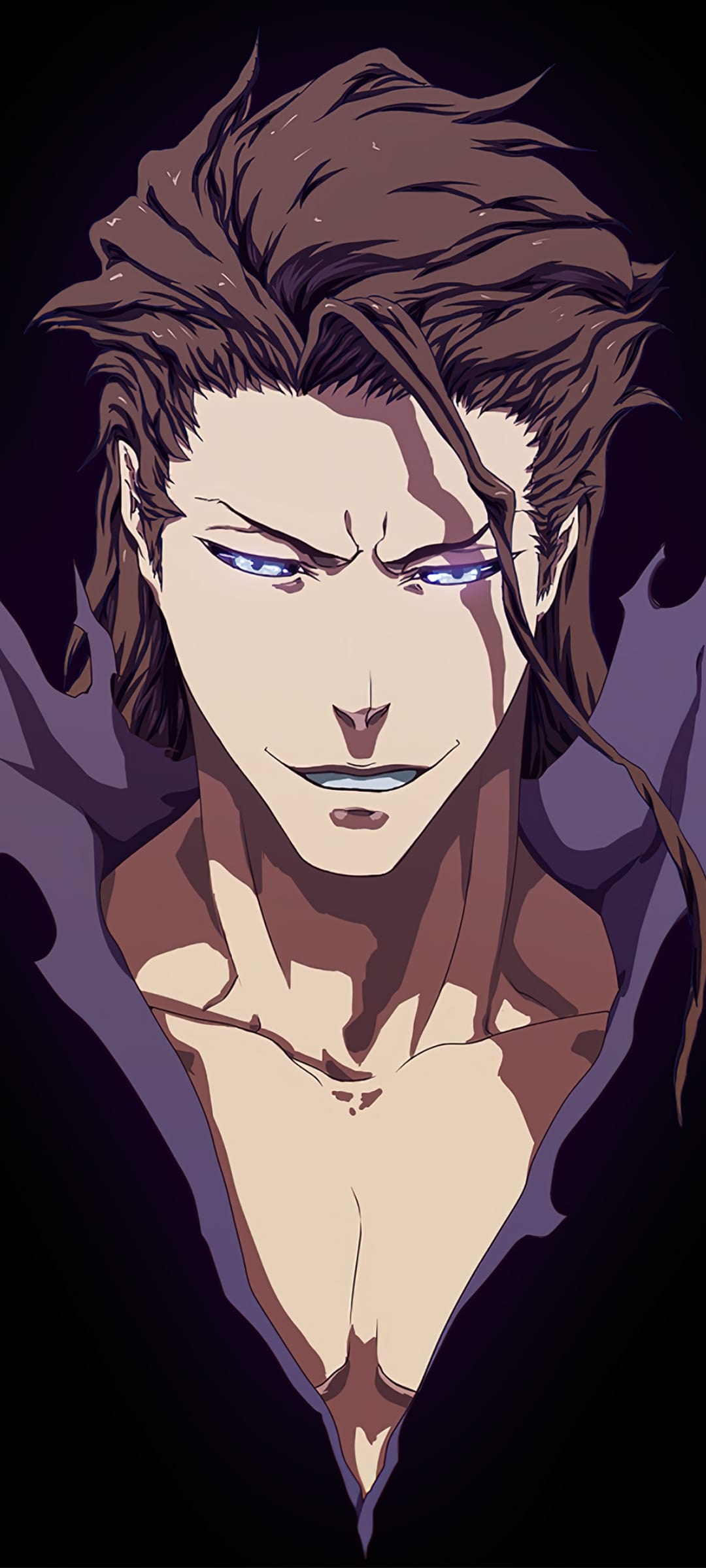 Sosuke Aizen with a subtle smirk and glowing blue eyes is framed by radiating purple energy on a dark background.