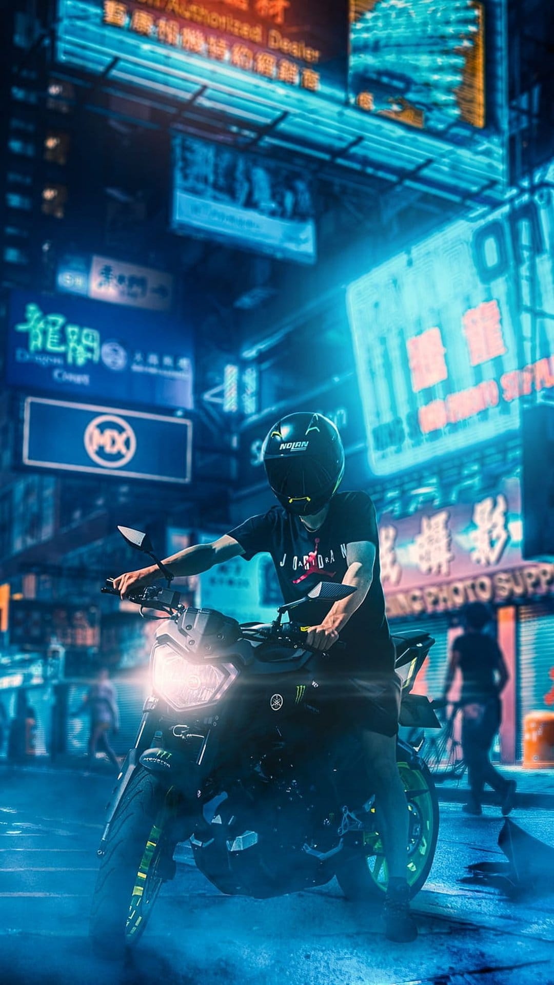 Motorcycle rider in a helmet cruises through a neon-lit futuristic city street with blue and magenta lights.