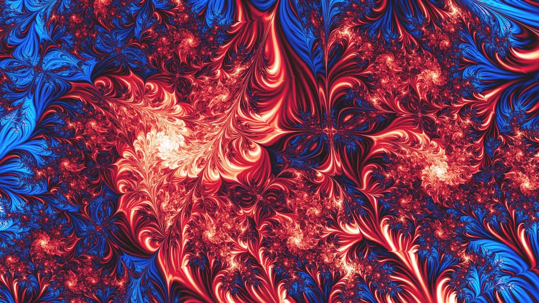 Red and blue fractal swirls curve into intricate floral patterns with deep shadows and glowing light.