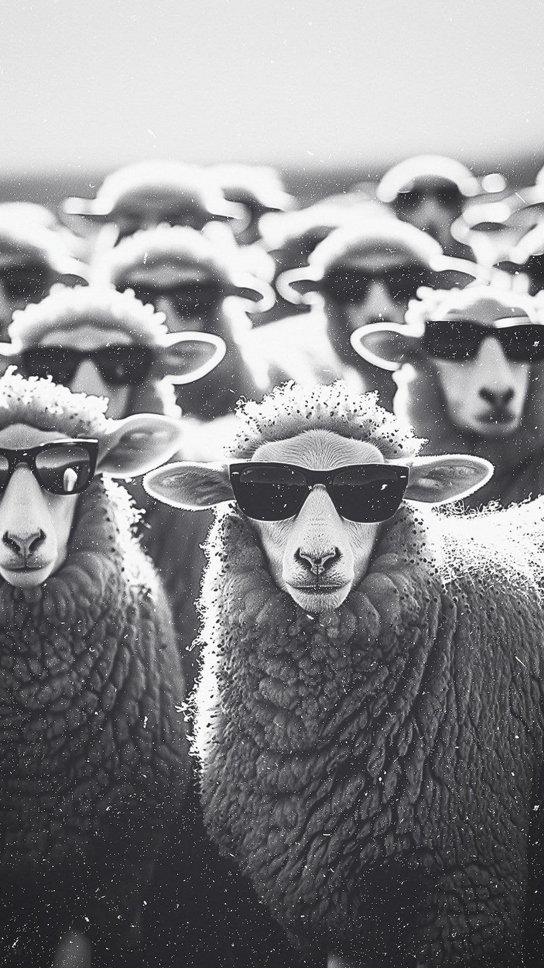 Sheep wearing dark sunglasses pose for a close-up portrait in a high-contrast black and white composition.
